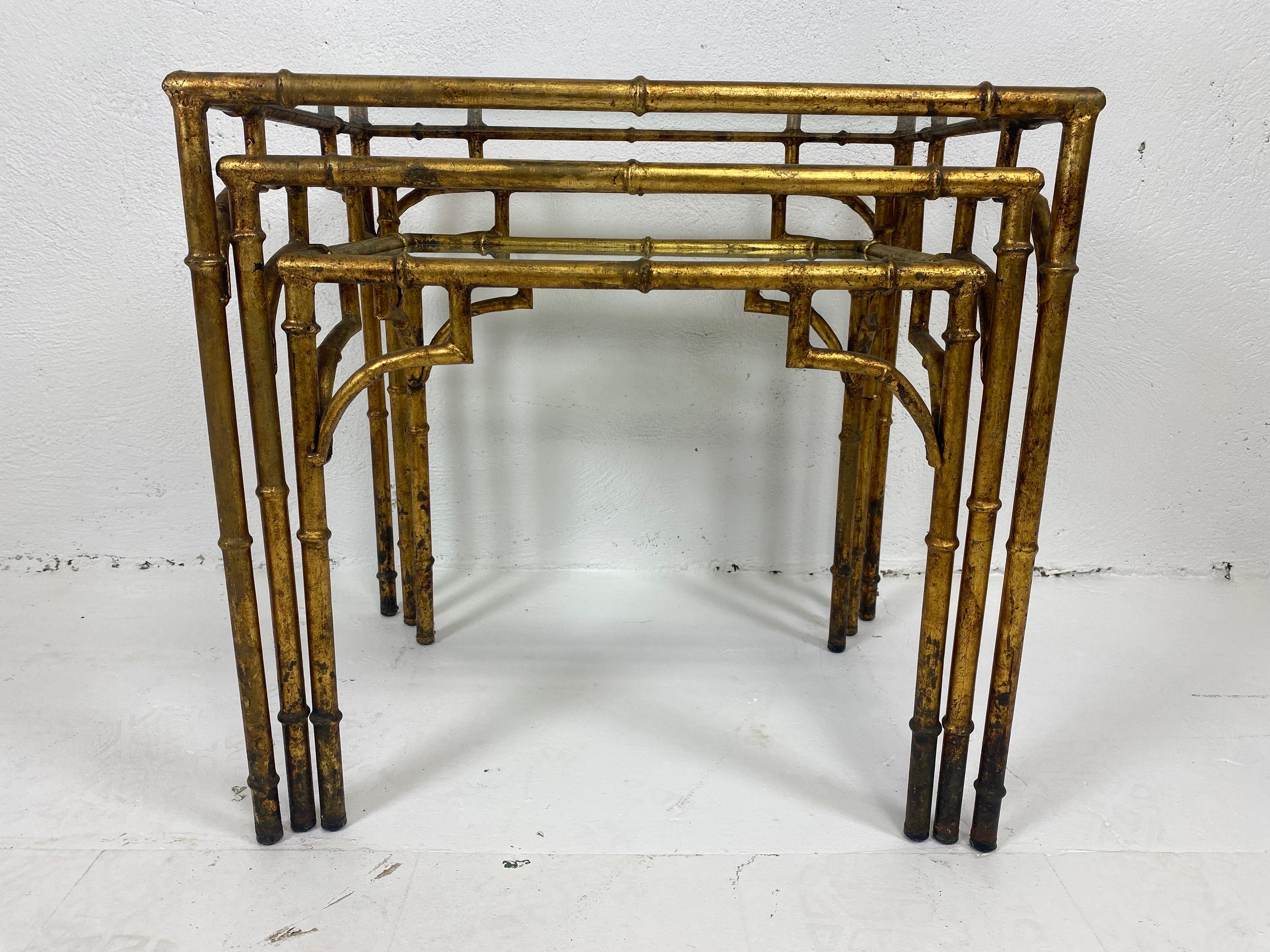 Vintage Italian Gold Gilded Wrought Iron Faux Bamboo Nest of Tables 4