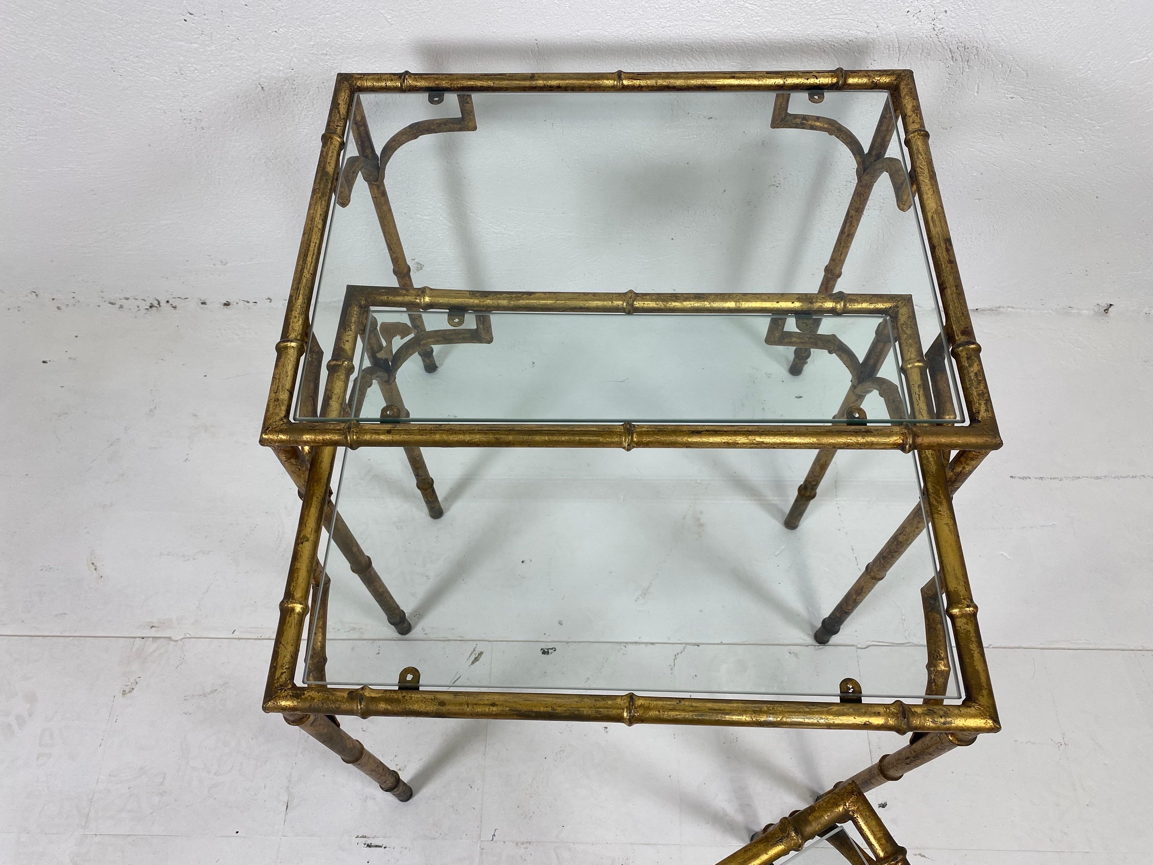 Vintage Italian Gold Gilded Wrought Iron Faux Bamboo Nest of Tables In Good Condition In Allentown, PA
