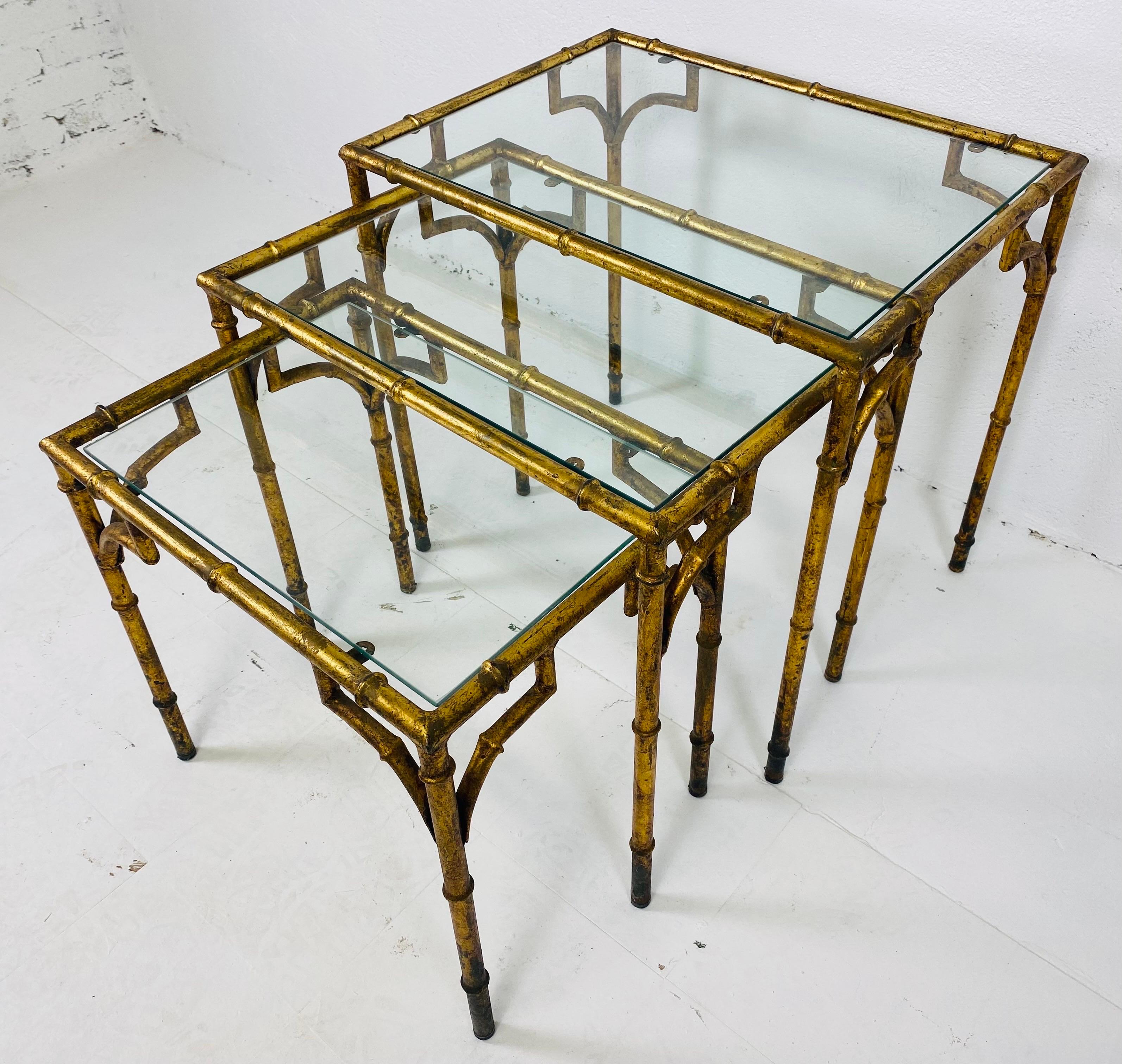Mid-20th Century Vintage Italian Gold Gilded Wrought Iron Faux Bamboo Nest of Tables