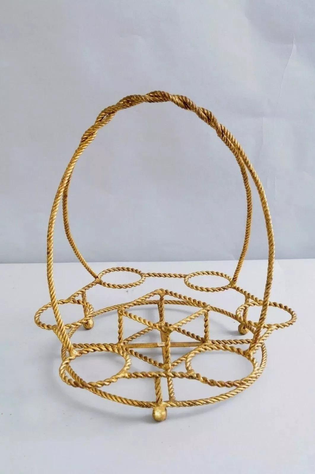 Vintage Italian Gold Gilt Iron Rope Hollywood Regency Bar Table Liquor Caddy (A) For Sale 4