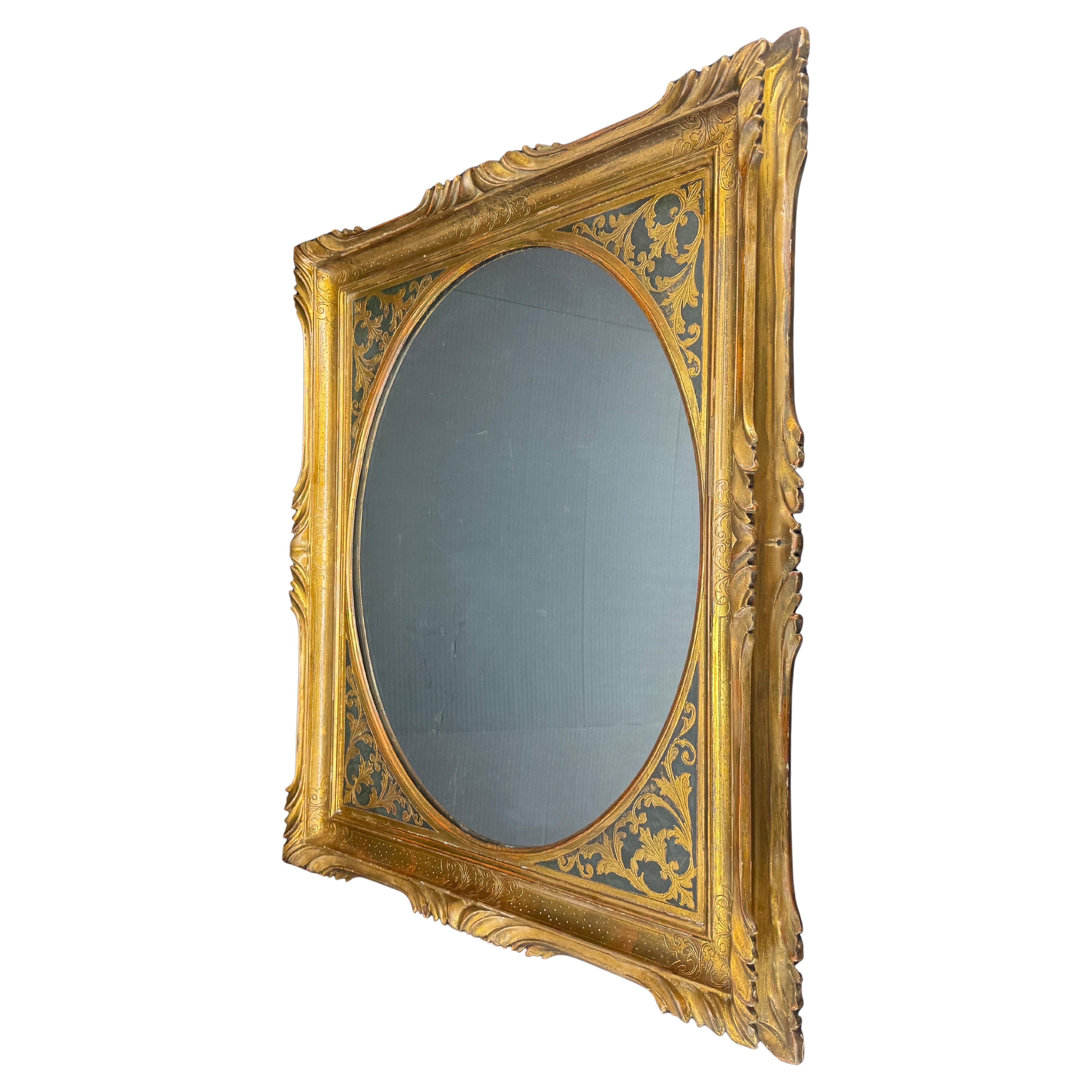 Vintage Italian Regency Gold Gilt Carved Wood Florentine Rectangular Wall Mirror Wall Mirror, 1950s, Italy. Classic style Italian gilded Florentine gold painted wood mirror. This can hang vertically as well as horizontally. Perfect piece to be used