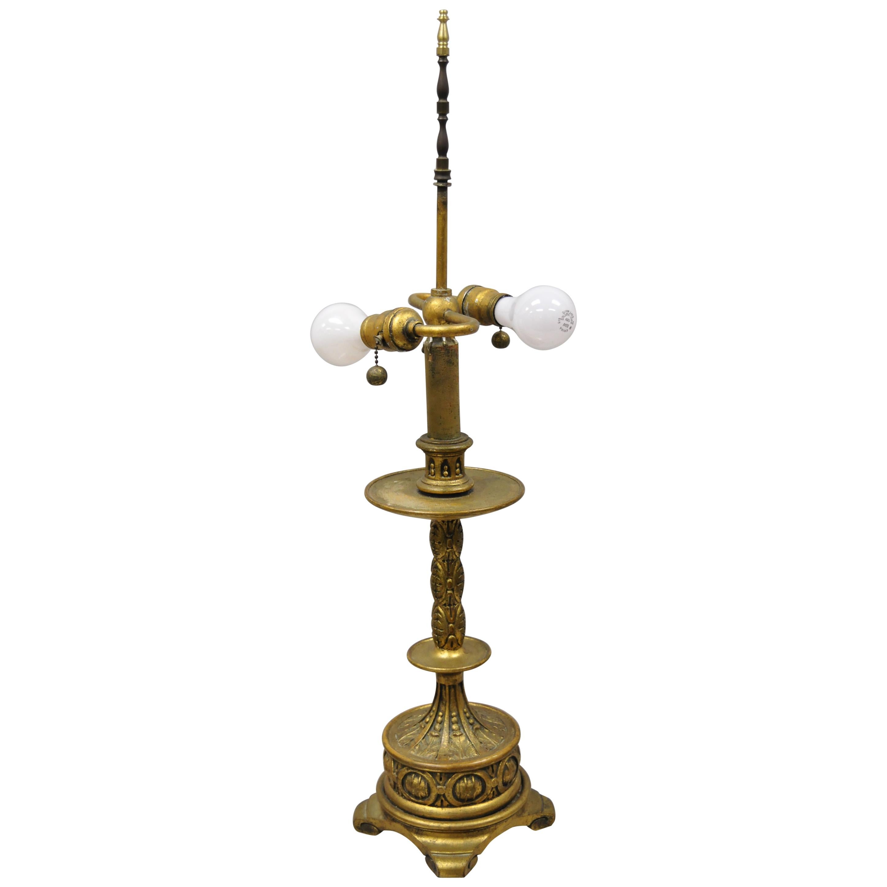 Vintage Italian Gold Giltwood Carved Candle Candelabrum Florentine Table Lamp For Sale
