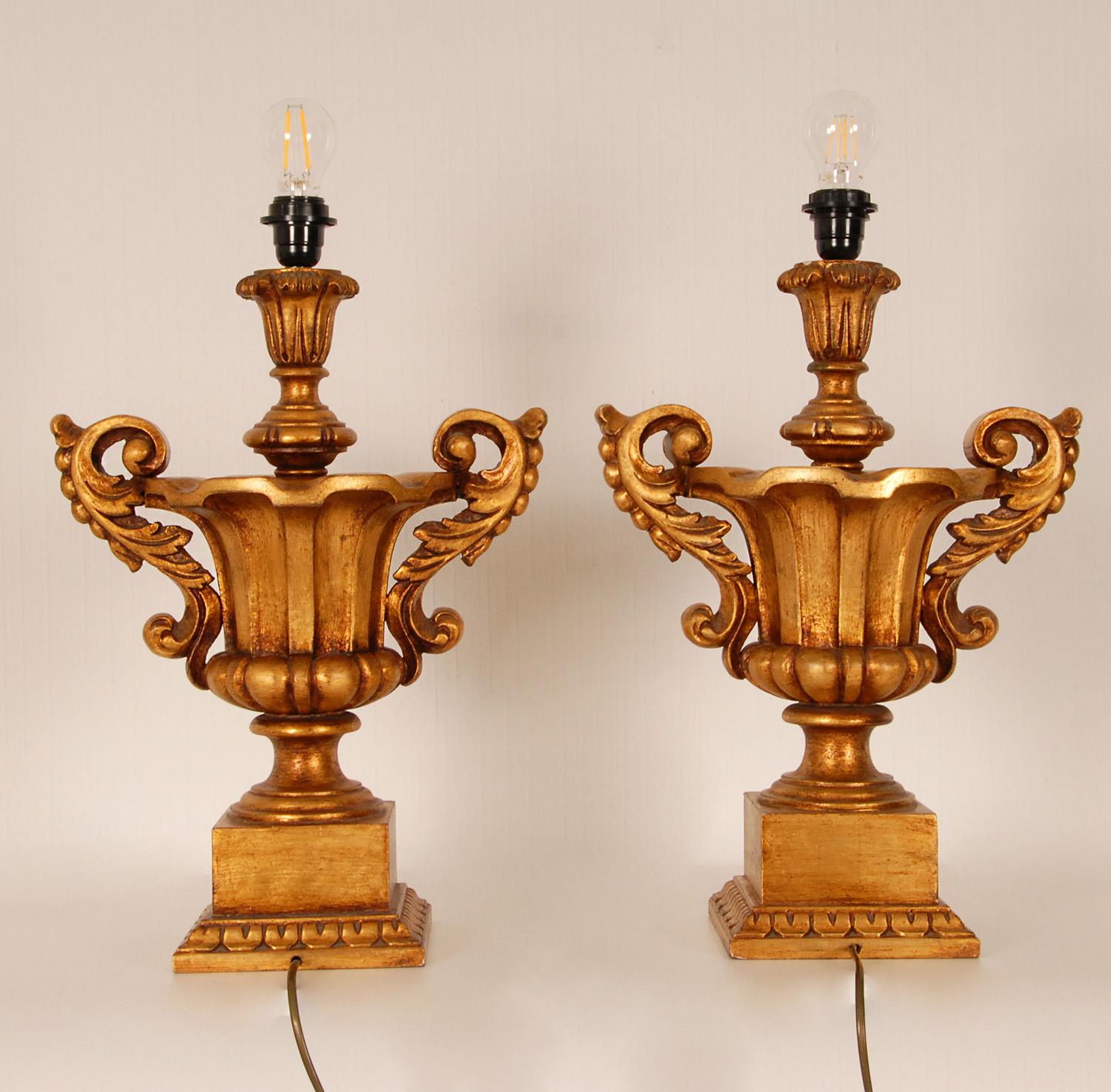 Vintage Italian Gold Giltwood Lamps Carved Altar Vases Urn Table Lamps a Pair 3