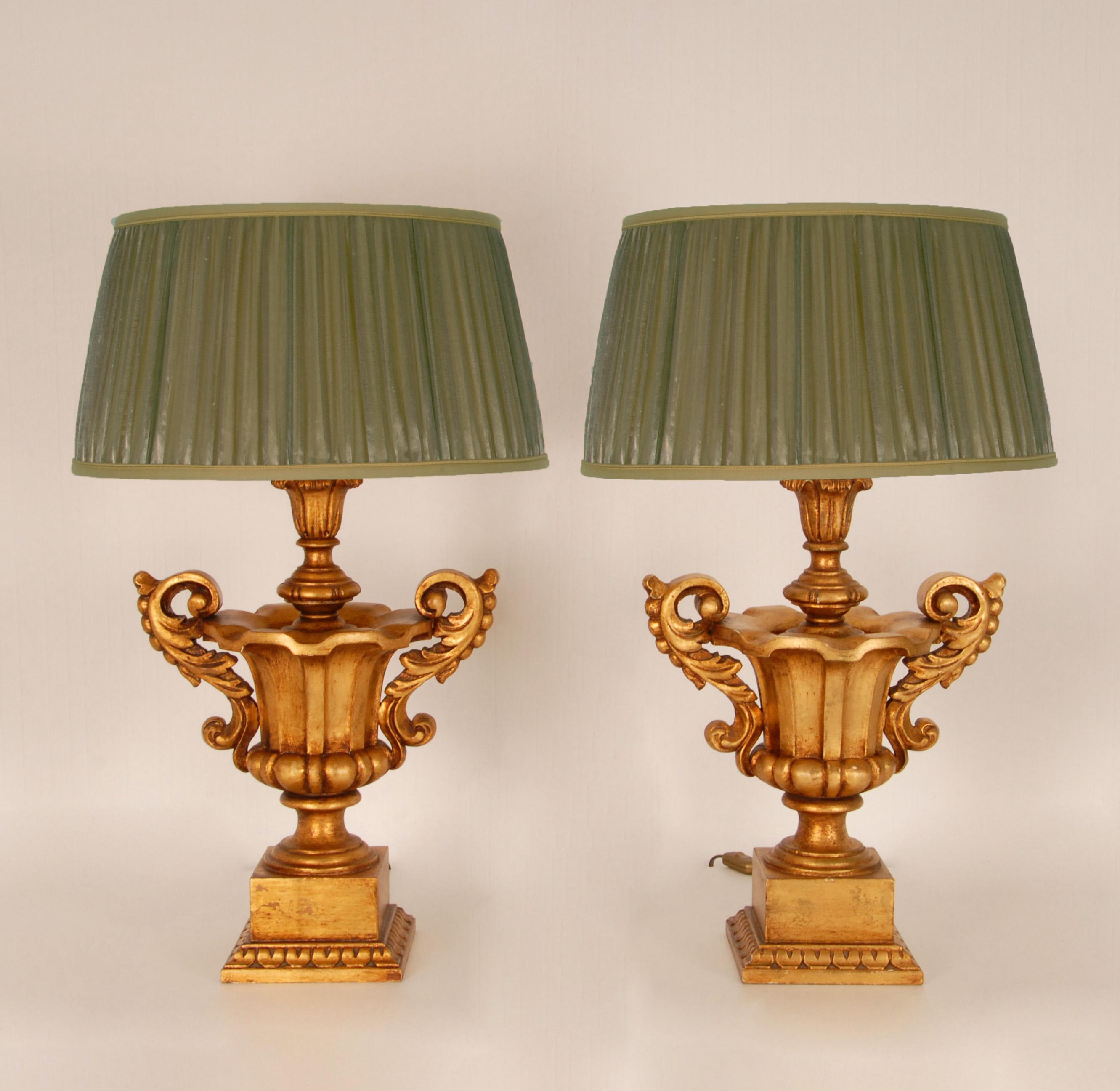 Vintage Italian Gold Giltwood Lamps Carved Altar Vases Urn Table Lamps a Pair 5