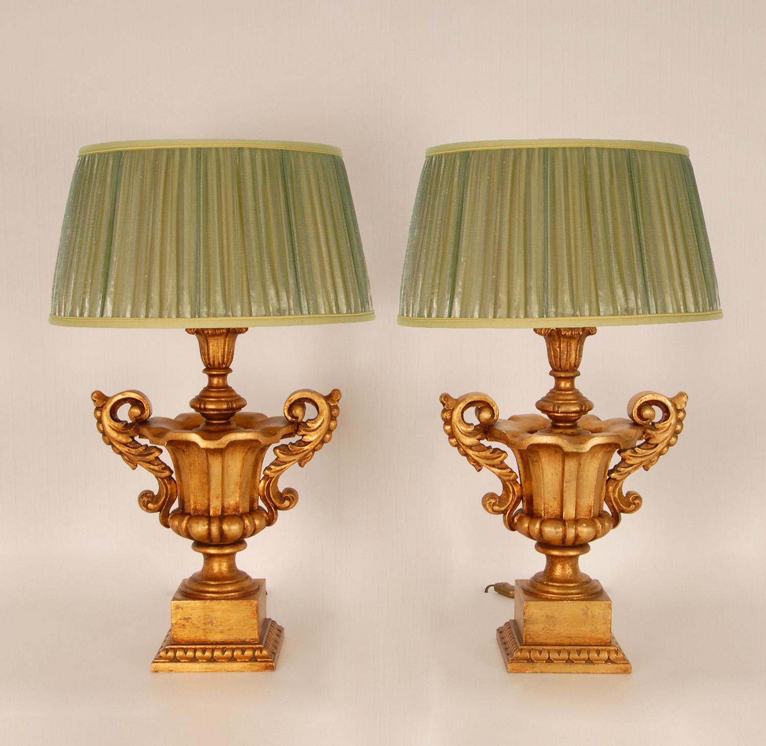 Vintage Italian Gold Giltwood Lamps Carved Altar Vases Urn Table Lamps a Pair 6
