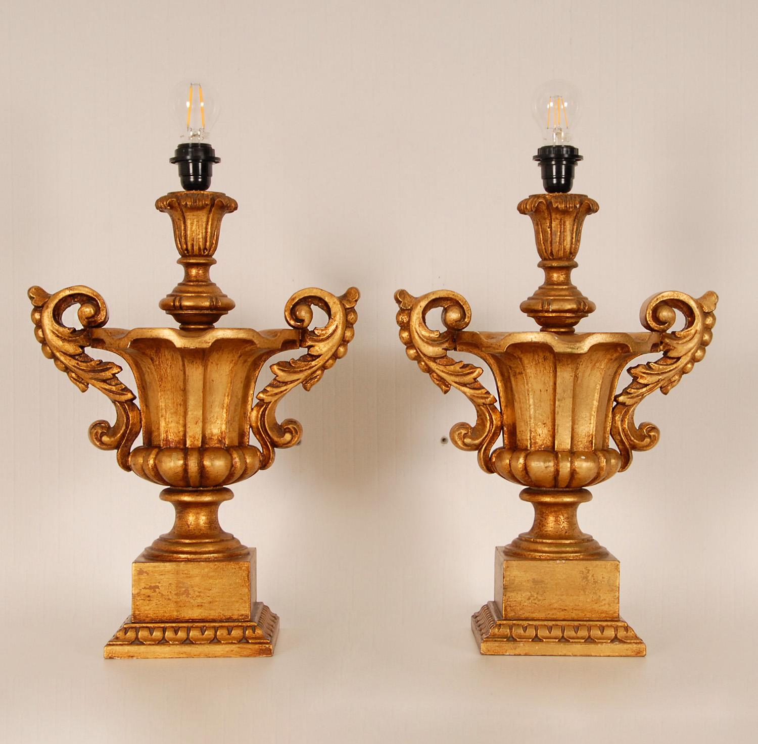 Hand-Carved Vintage Italian Gold Giltwood Lamps Carved Altar Vases Urn Table Lamps a Pair