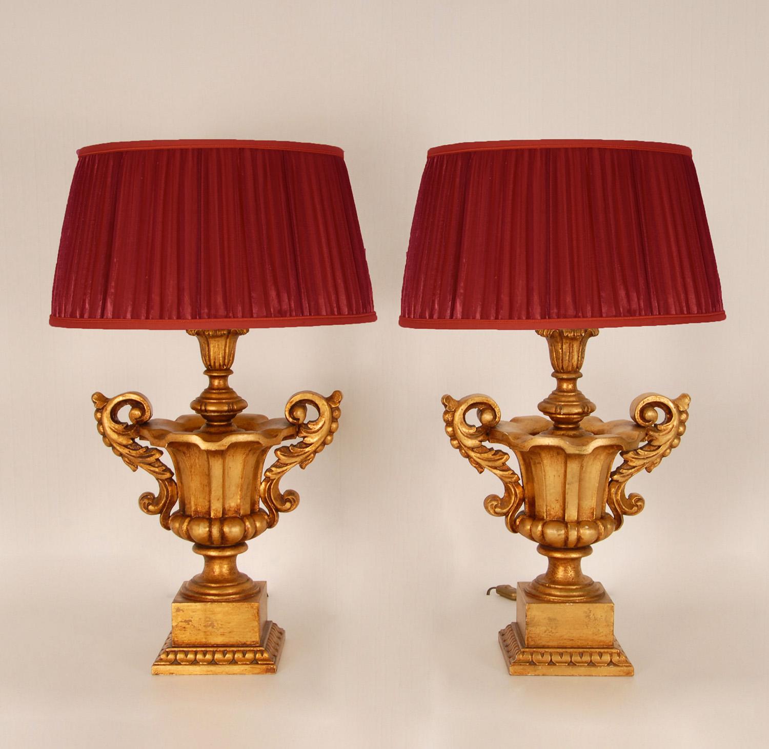 20th Century Vintage Italian Gold Giltwood Lamps Carved Altar Vases Urn Table Lamps a Pair