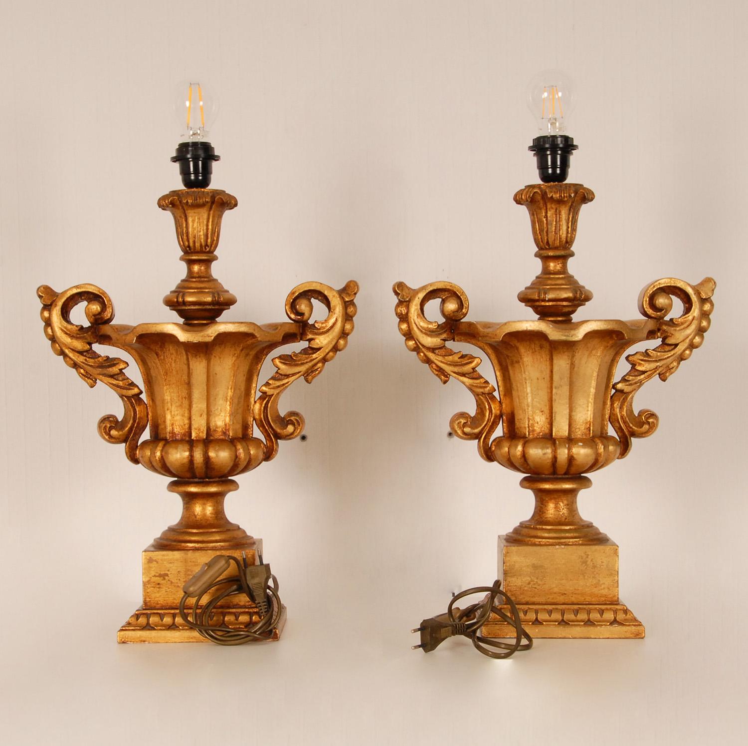 Pearwood Vintage Italian Gold Giltwood Lamps Carved Altar Vases Urn Table Lamps a Pair