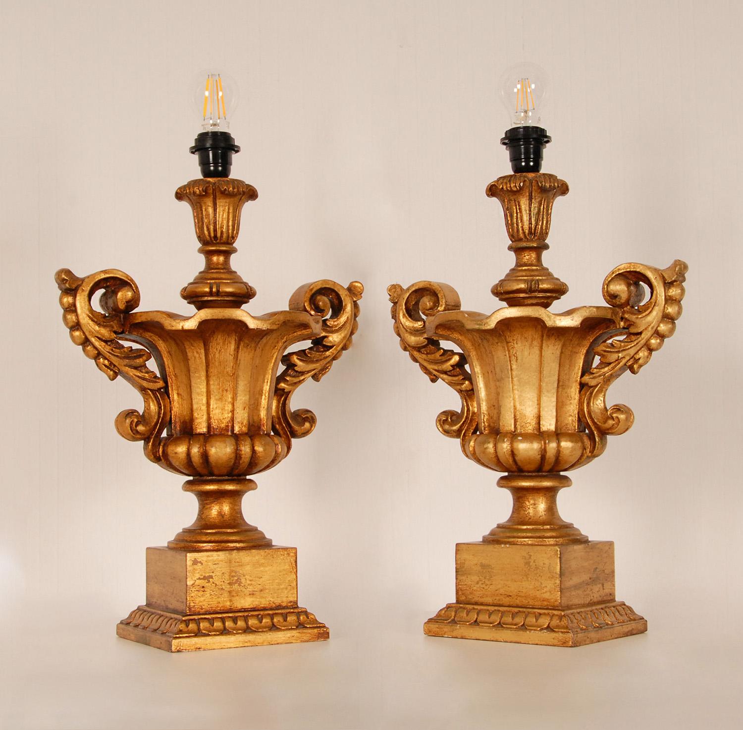 Vintage Italian Gold Giltwood Lamps Carved Altar Vases Urn Table Lamps a Pair 1
