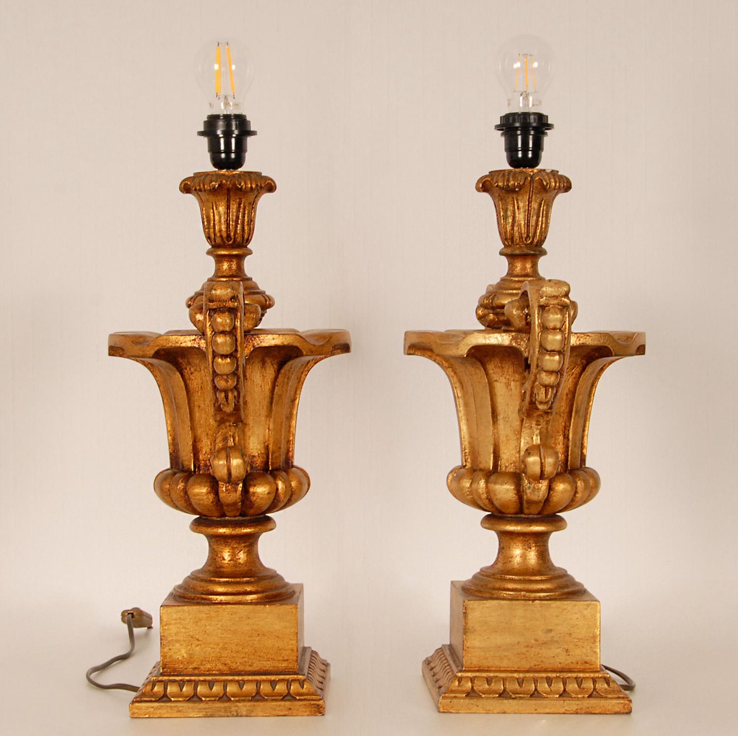 Vintage Italian Gold Giltwood Lamps Carved Altar Vases Urn Table Lamps a Pair 2
