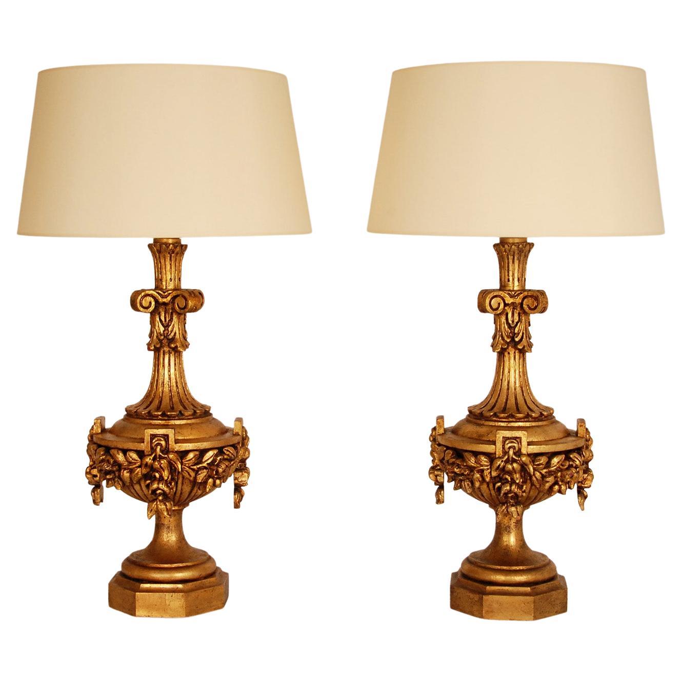 Vintage Italian Gold Giltwood Lamps Carved Neoclassal Vases  Table Lamps a Pair For Sale
