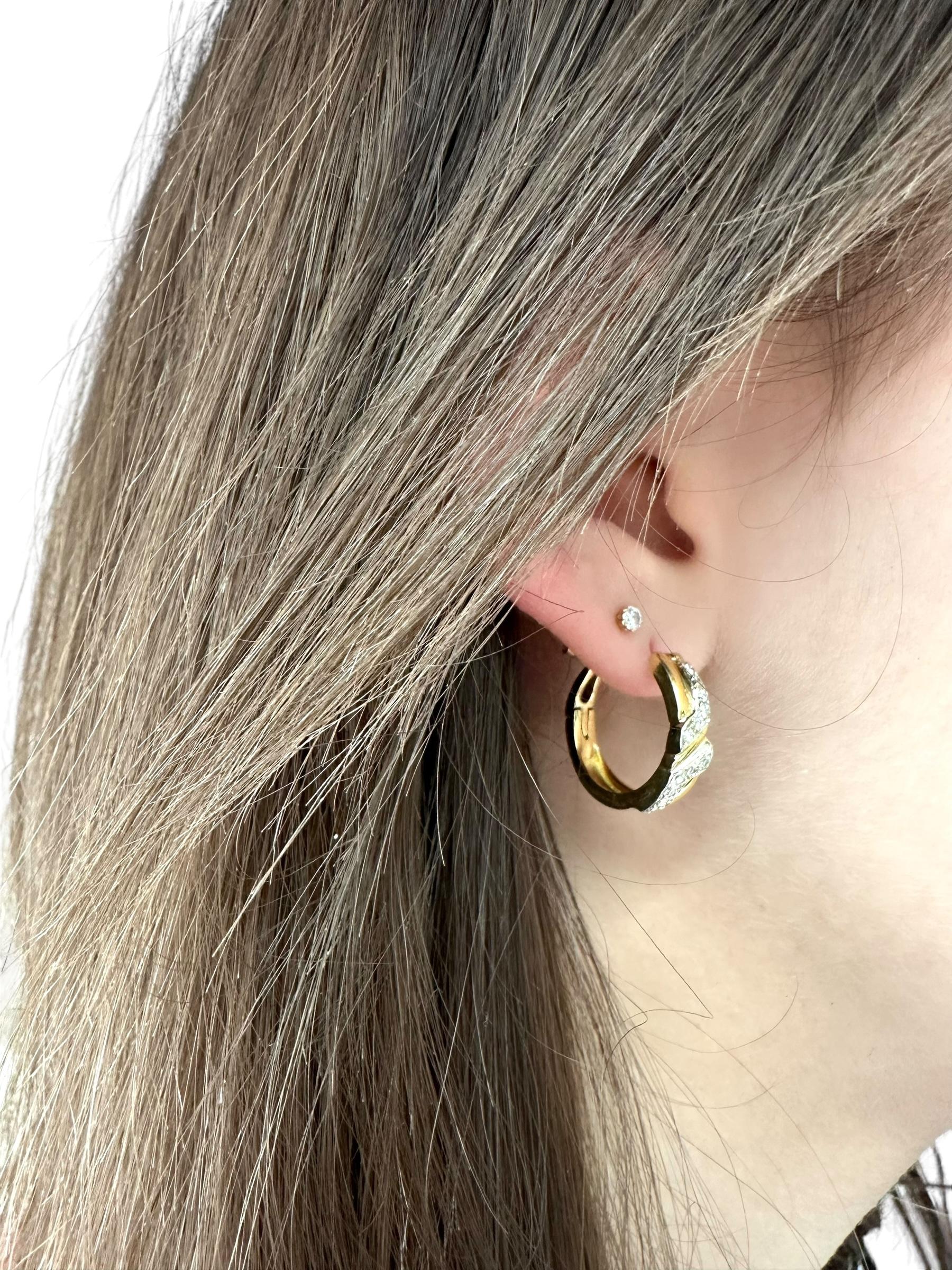 Pendientes de aro de oro italiano vintage con diamantes en venta 1