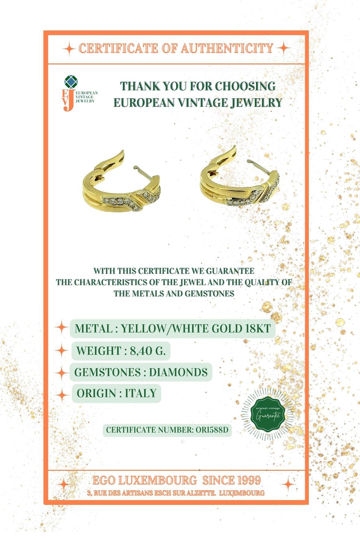 Pendientes de aro de oro italiano vintage con diamantes en venta 3