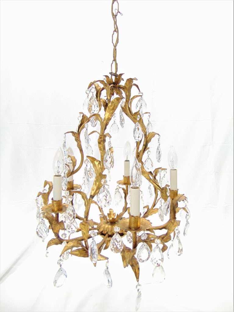 Vintage Italian Gold Leaf and Crystal Chandelier For Sale at 1stdibs