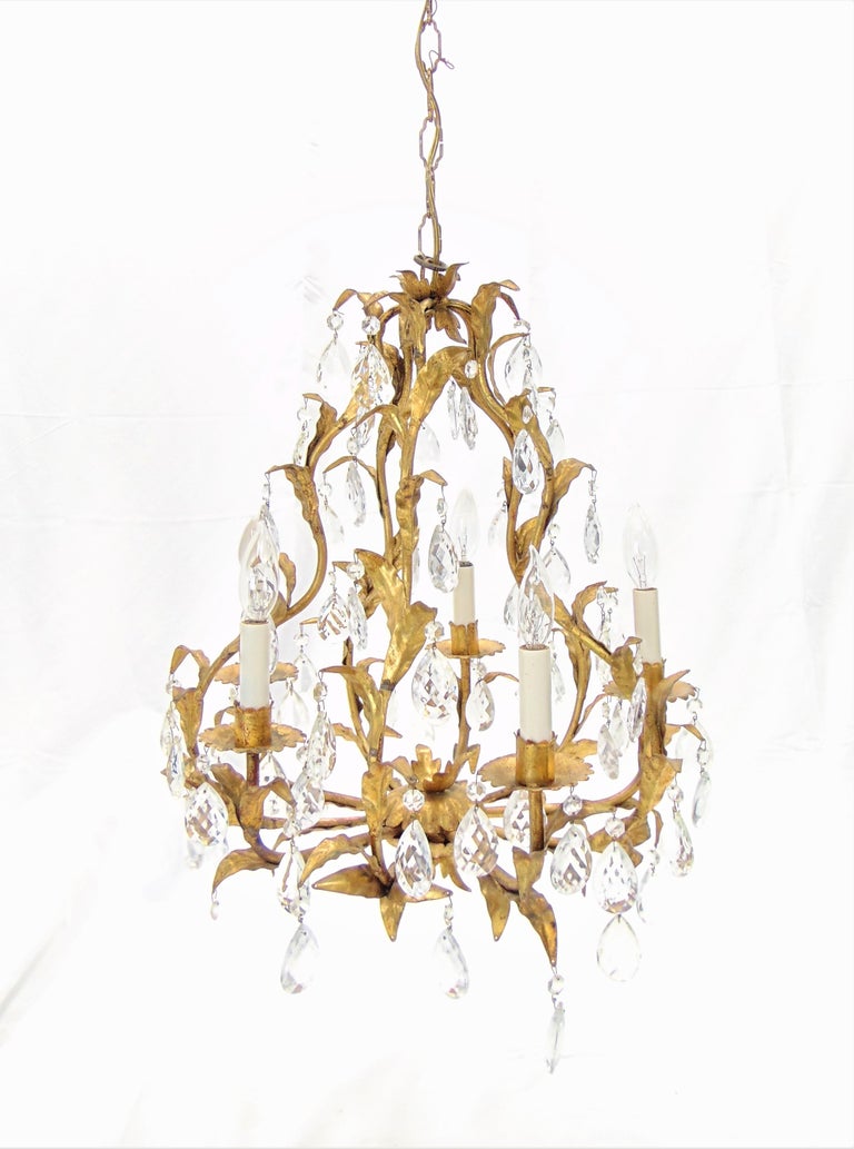 Vintage Italian Gold Leaf and Crystal Chandelier For Sale at 1stdibs