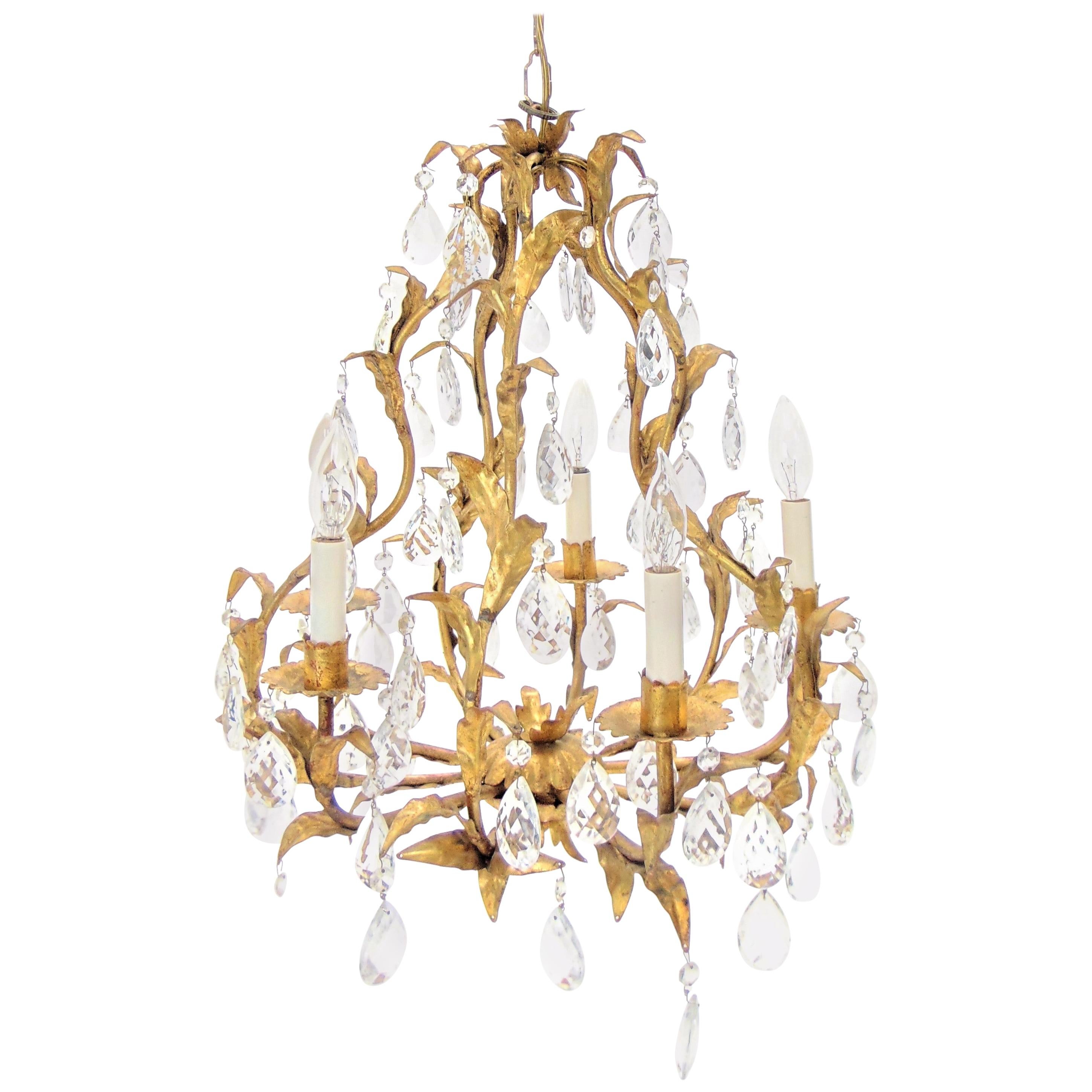 GOLD LEAF METAL AND CRYSTAL PALM FROND CHANDELIER at 1stdibs