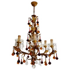 Vintage Italian Gold Leaf Fixture and Glass Tears Chandelier, Early 1970s