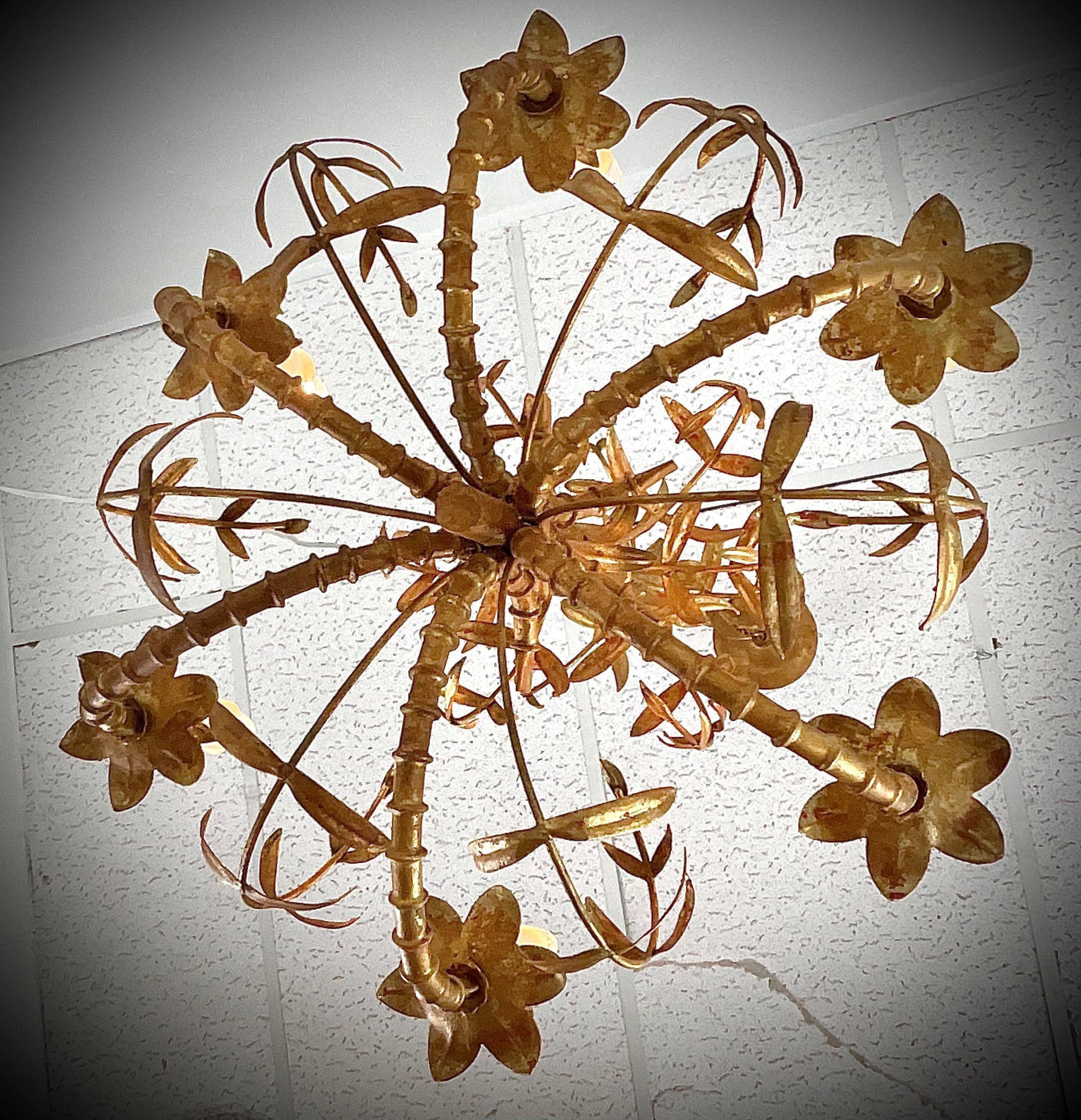 Vintage Italian Gold Leaf Palm Chandelier For Sale 4