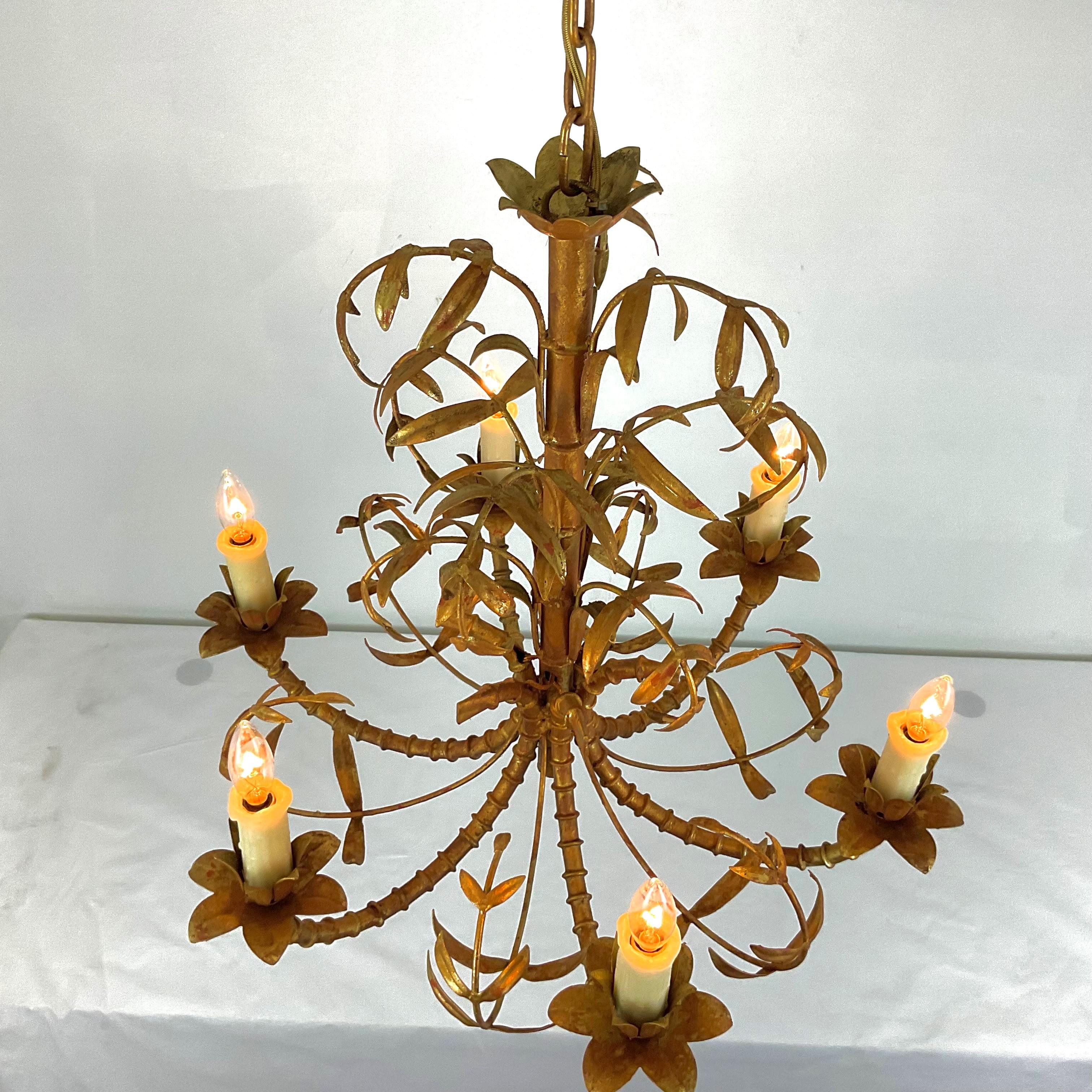 Vintage Italian Gold Leaf Palm Chandelier For Sale 5