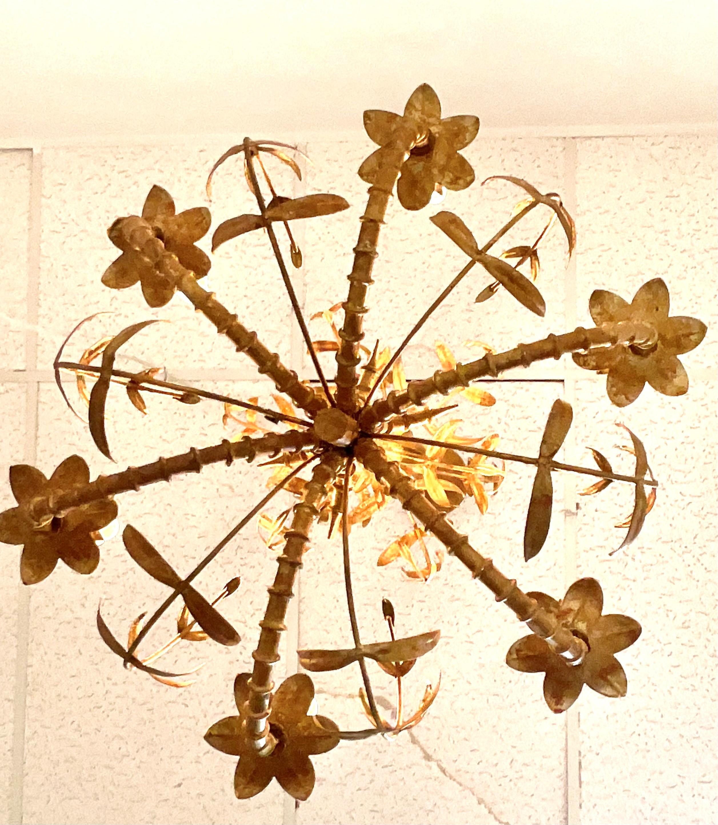 Regency Vintage Italian Gold Leaf Palm Chandelier For Sale