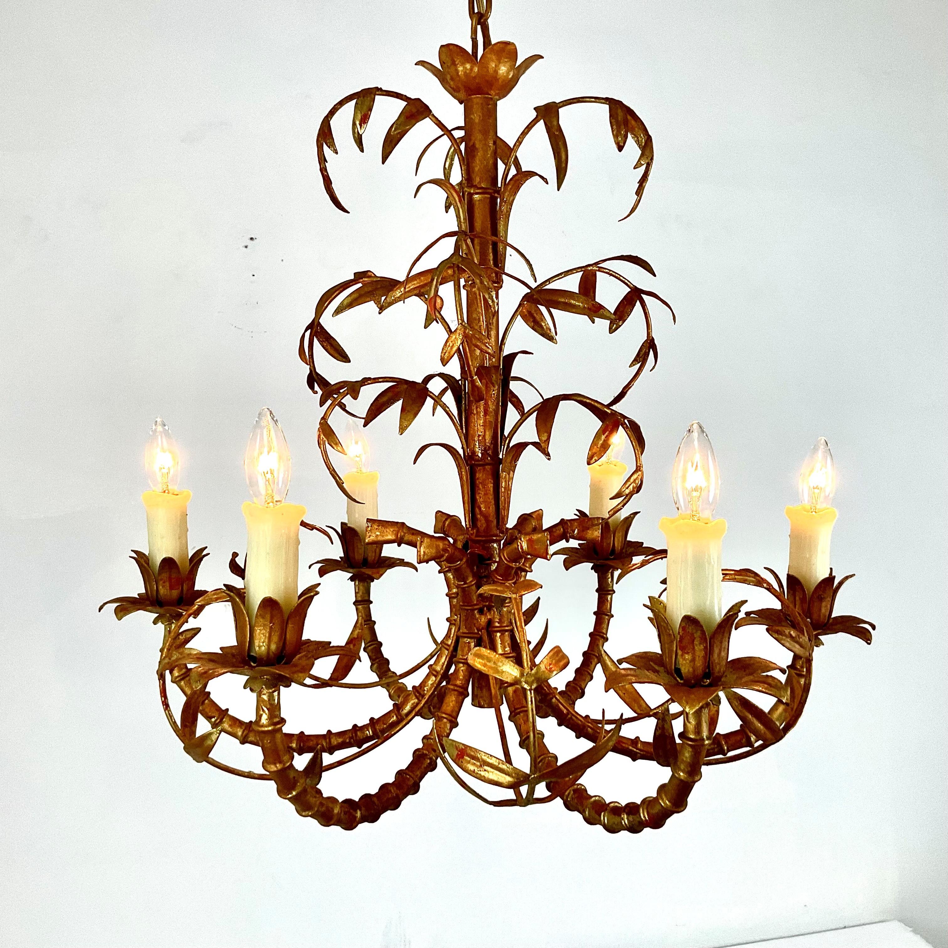 Vintage Italian Gold Leaf Palm Chandelier In Good Condition For Sale In West Palm Beach, FL