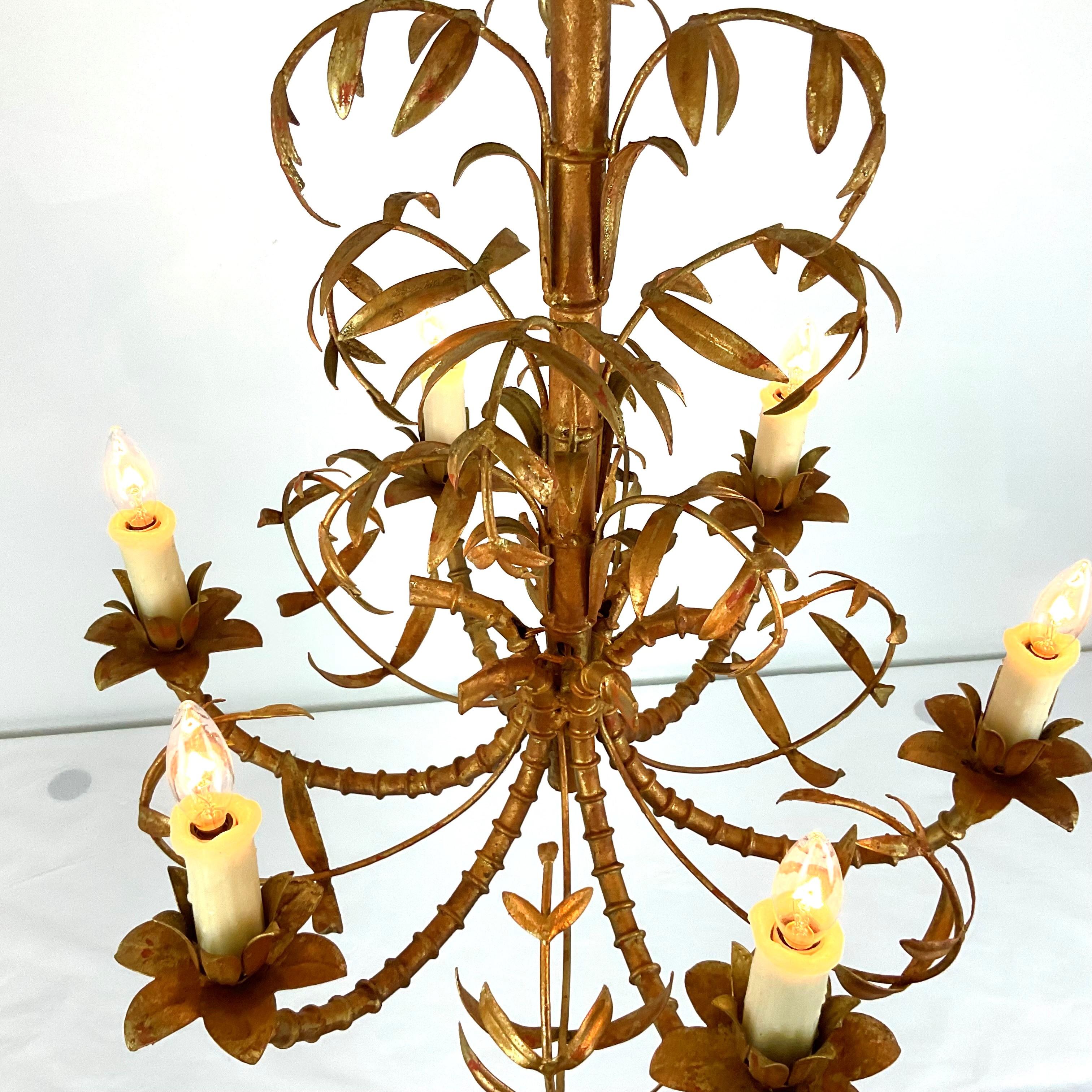 Steel Vintage Italian Gold Leaf Palm Chandelier For Sale