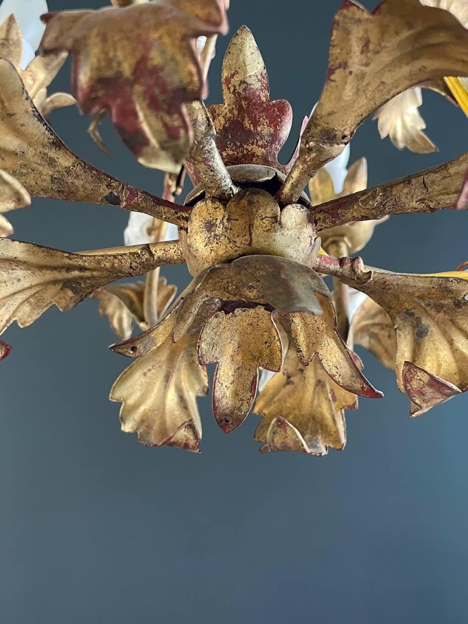 Vintage Italian Gold-Leafed Tole Chandelier With Porcelain Roses 4