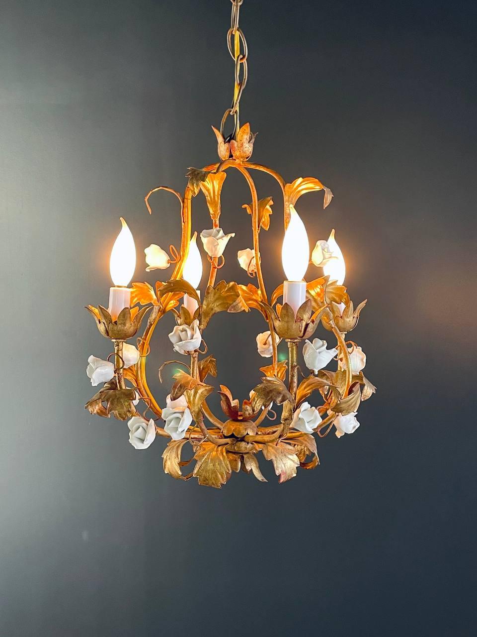 Materials: Gilt Metal, Porcelain Roses 
Style: Provincial 
Condition: Original Wiring Working

