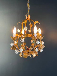 Vintage Italian Gold-Leafed Tole Chandelier With Porcelain Roses