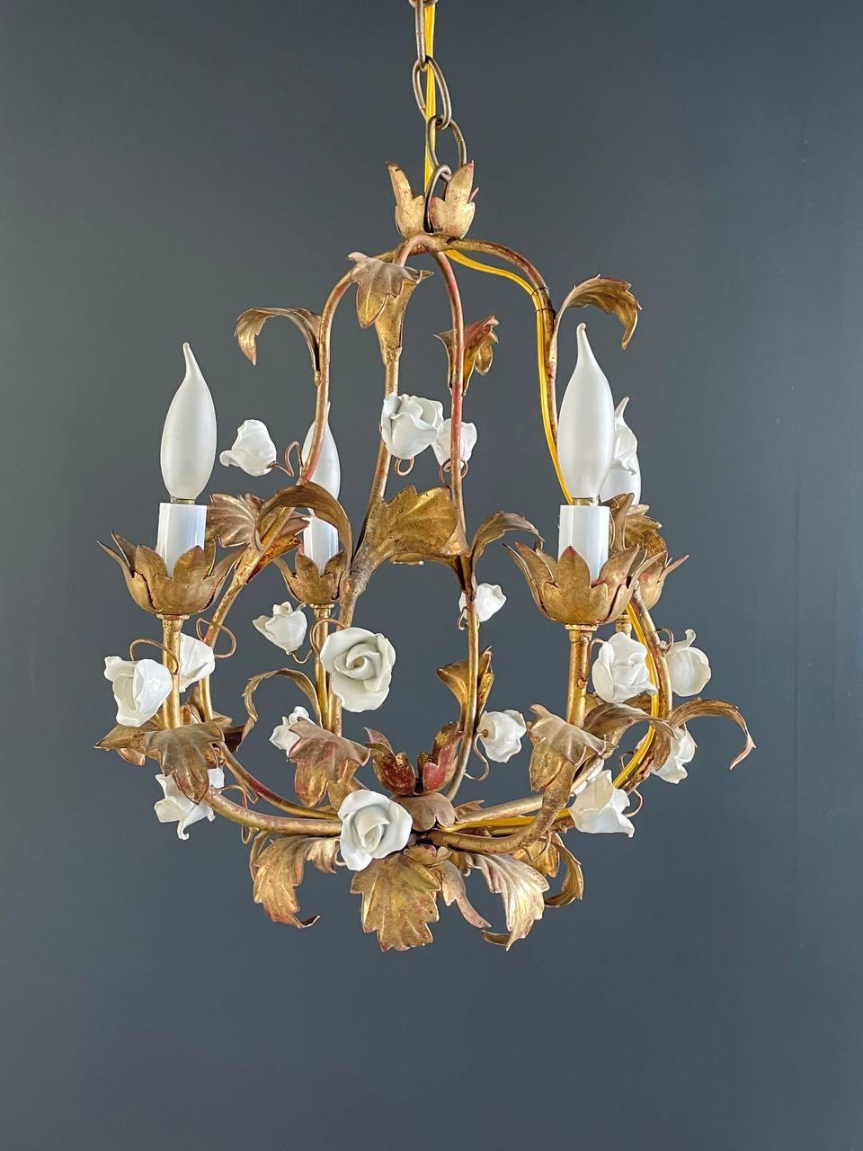 Other Vintage Italian Gold-Leafed Tole Chandelier With Porcelain Roses