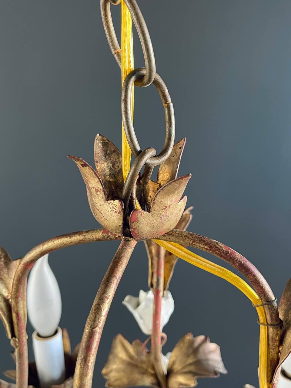 Mid-20th Century Vintage Italian Gold-Leafed Tole Chandelier With Porcelain Roses