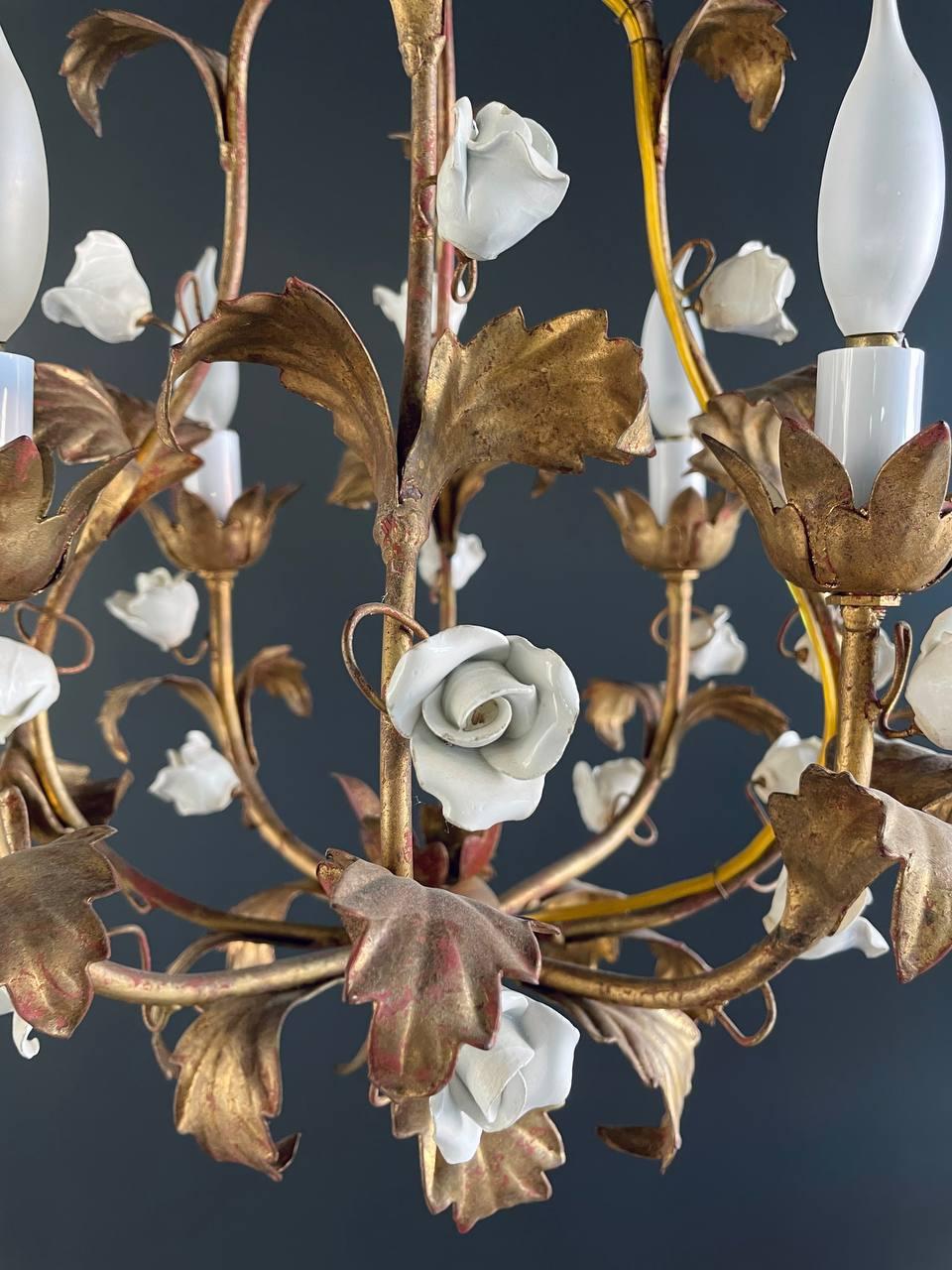 Metal Vintage Italian Gold-Leafed Tole Chandelier With Porcelain Roses