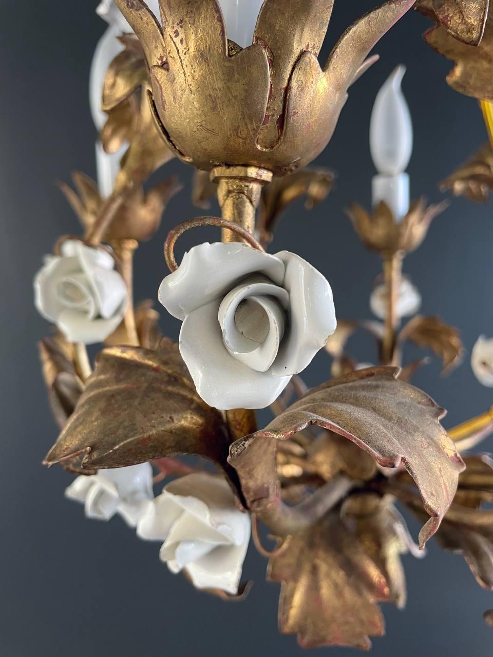 Vintage Italian Gold-Leafed Tole Chandelier With Porcelain Roses 1