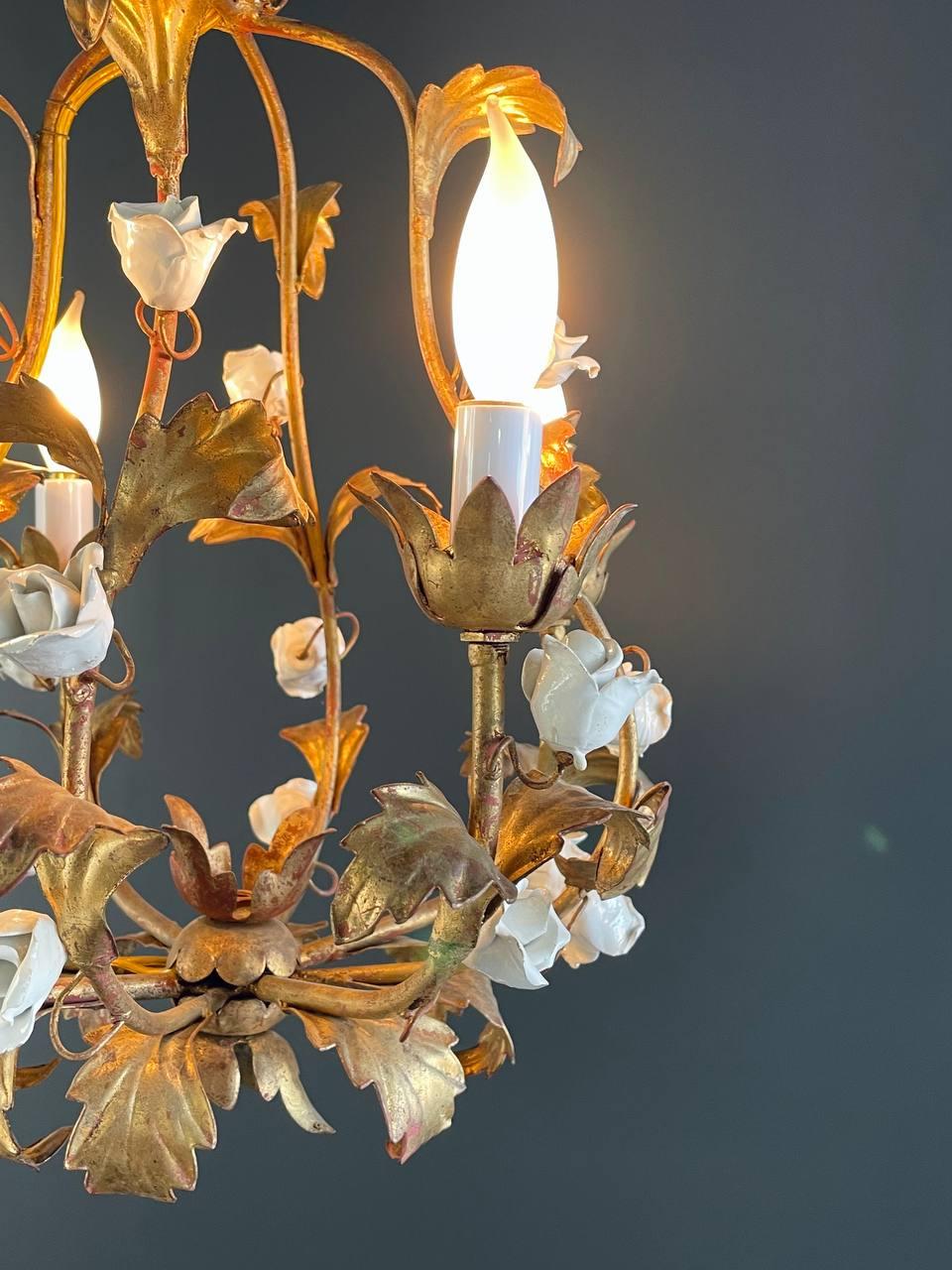 Vintage Italian Gold-Leafed Tole Chandelier With Porcelain Roses 2