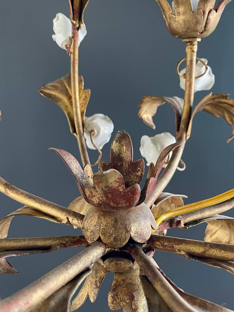 Vintage Italian Gold-Leafed Tole Chandelier With Porcelain Roses 3