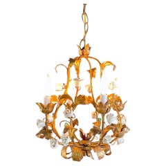 Vintage Italian Gold-Leafed Tole Chandelier With Porcelain Roses
