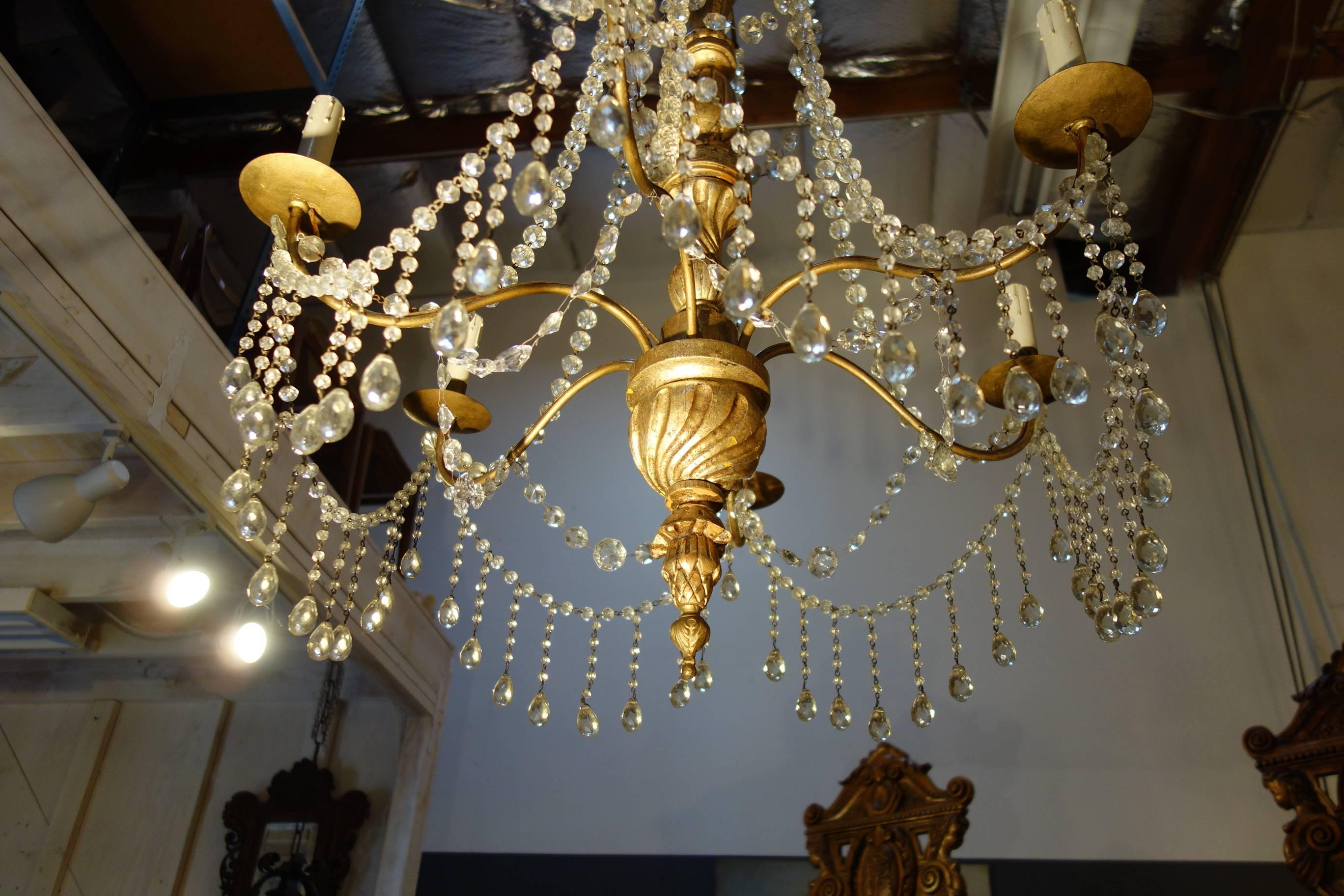 Vintage Italian Gold Painted Genova Chandelier with Cut Glass Drops and Strands For Sale 5