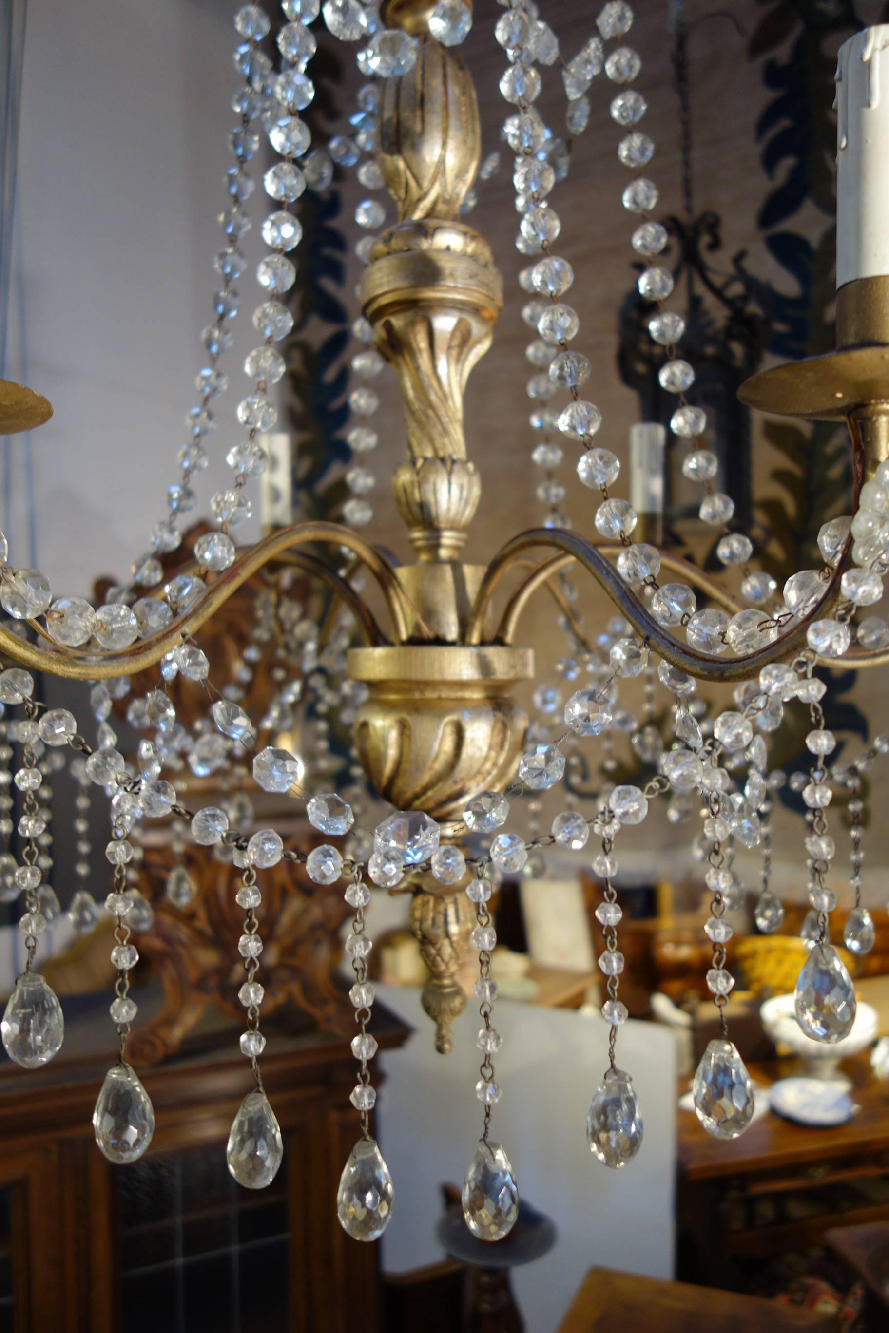 Empire Revival Vintage Italian Gold Painted Genova Chandelier with Cut Glass Drops and Strands For Sale