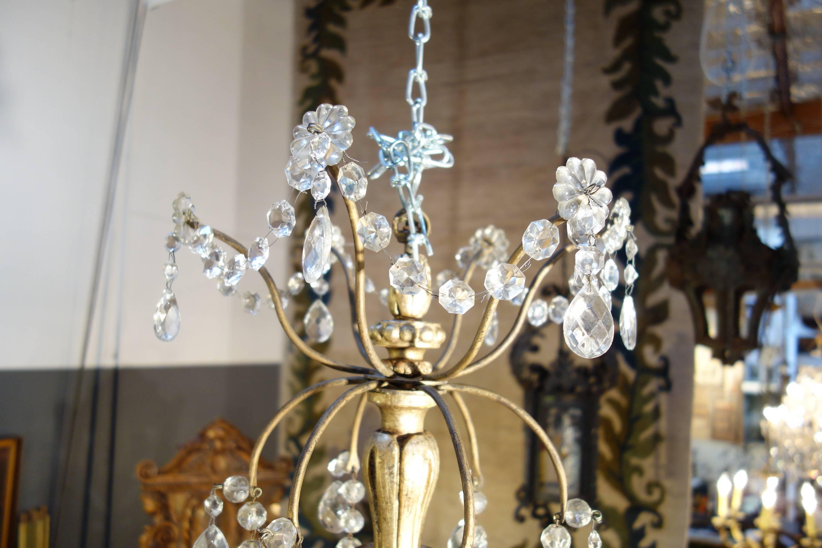 Hand-Crafted Vintage Italian Gold Painted Genova Chandelier with Cut Glass Drops and Strands For Sale