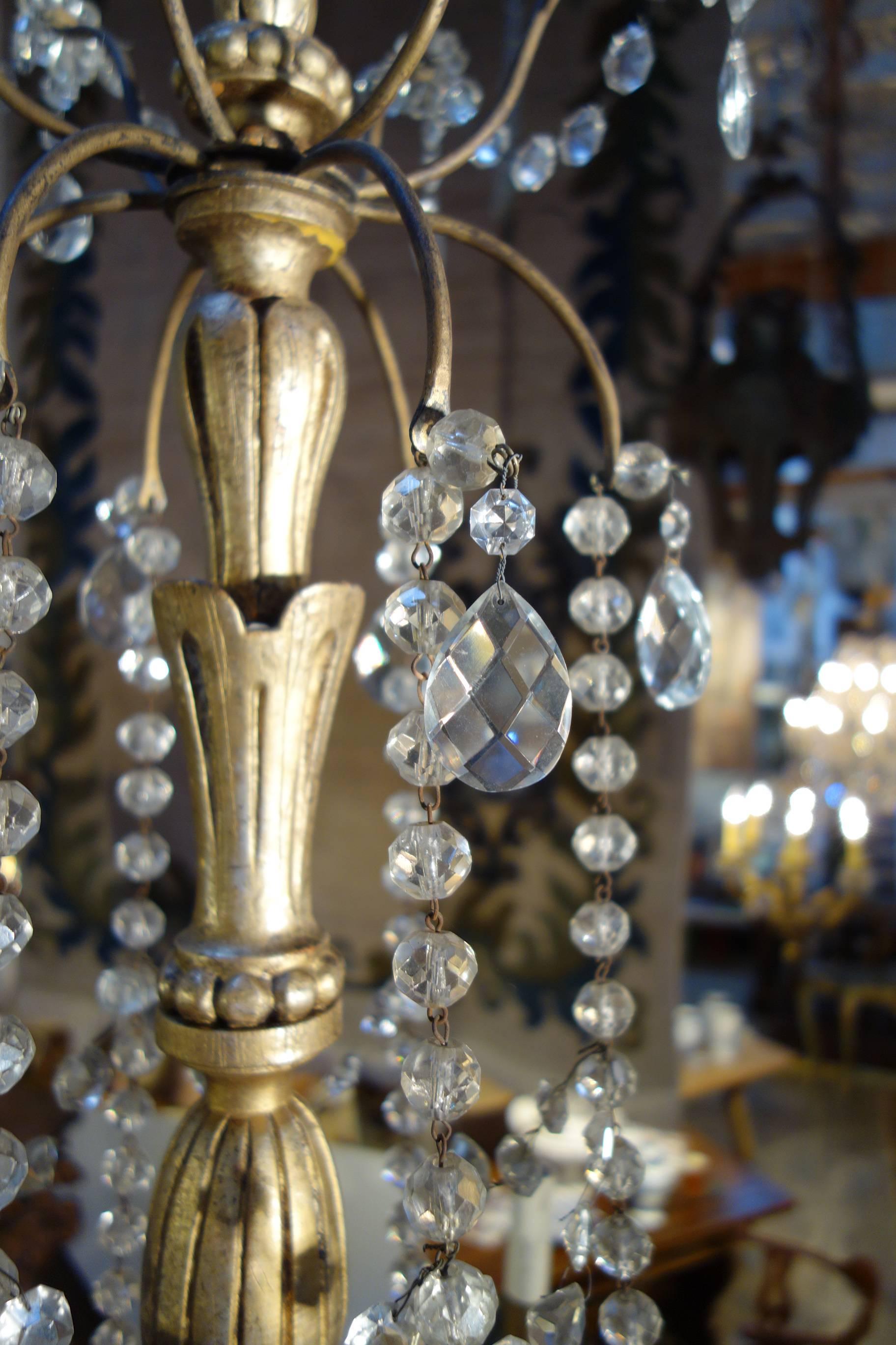 Vintage Italian Gold Painted Genova Chandelier with Cut Glass Drops and Strands In Good Condition For Sale In Encinitas, CA