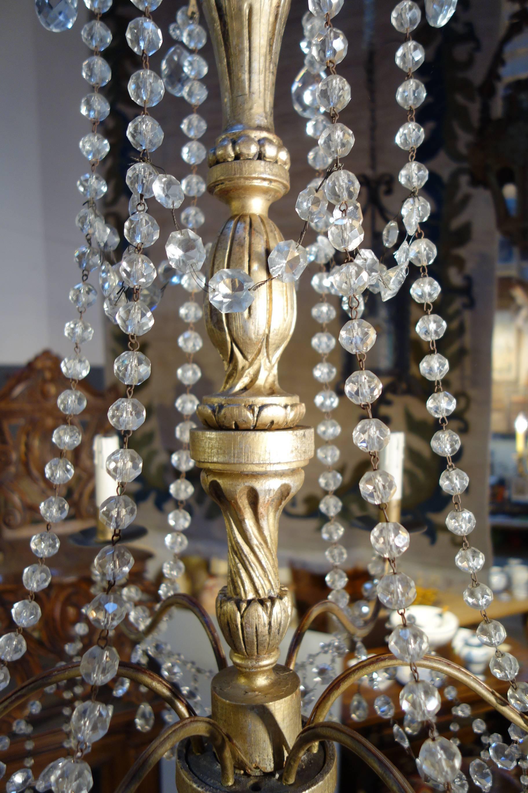 20th Century Vintage Italian Gold Painted Genova Chandelier with Cut Glass Drops and Strands For Sale