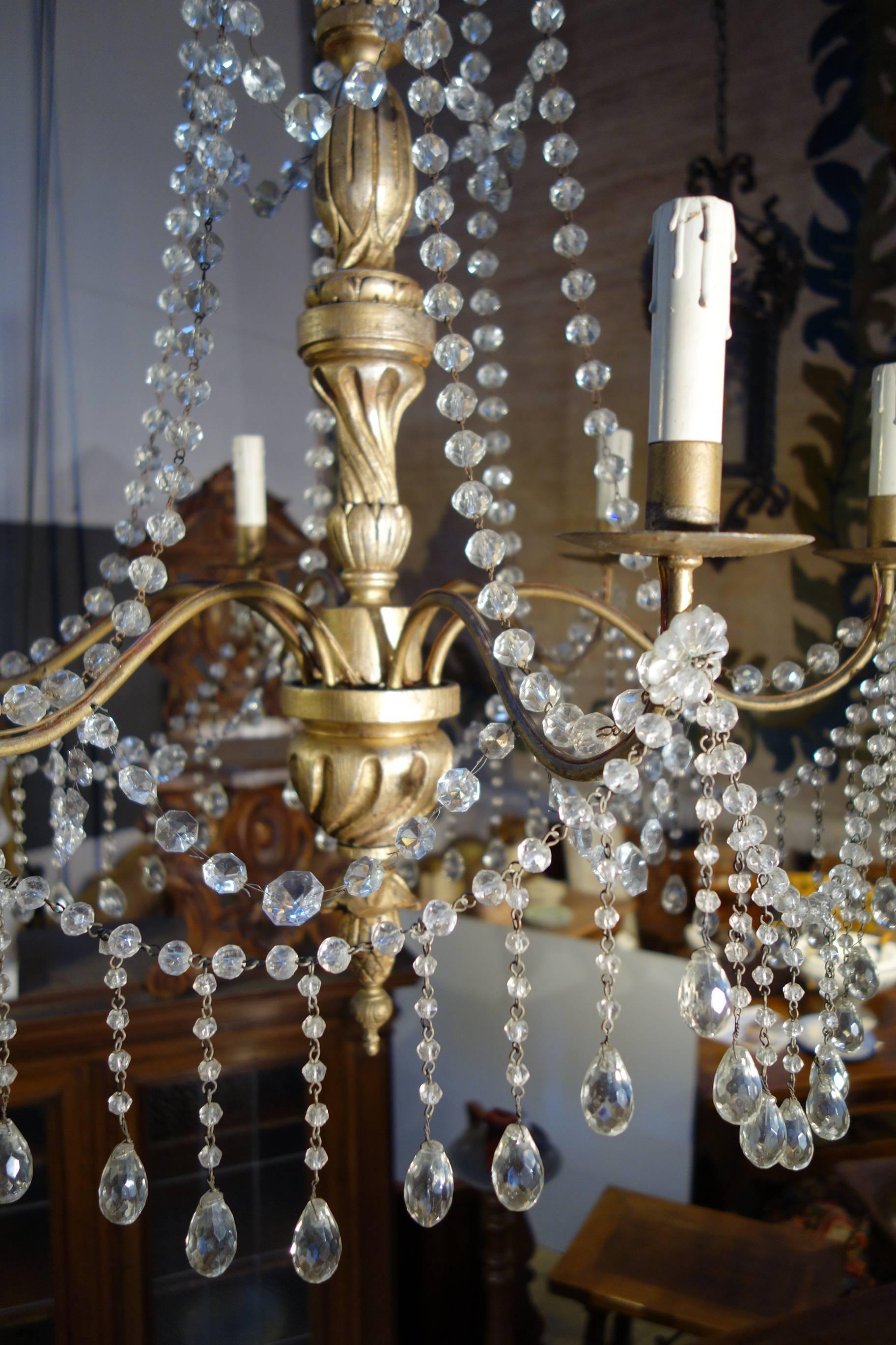 Vintage Italian Gold Painted Genova Chandelier with Cut Glass Drops and Strands For Sale 1
