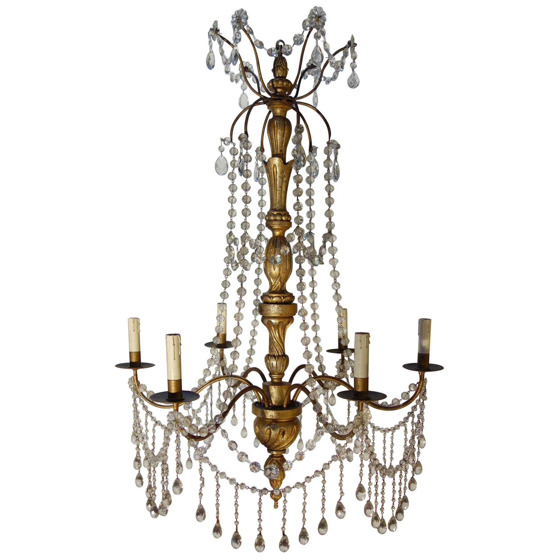 Vintage Italian Gold Painted Genova Chandelier with Cut Glass Drops and Strands For Sale