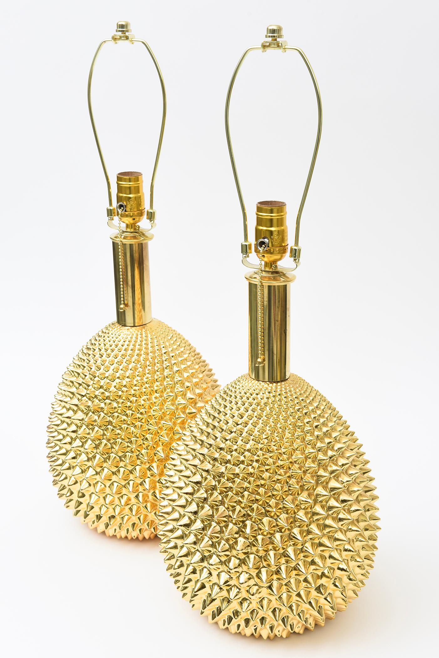 Pareja de Lámparas de Mesa de Cerámica con Púas, Pintadas de Oro y Policromadas, Vintage Italian Lamp en venta 4