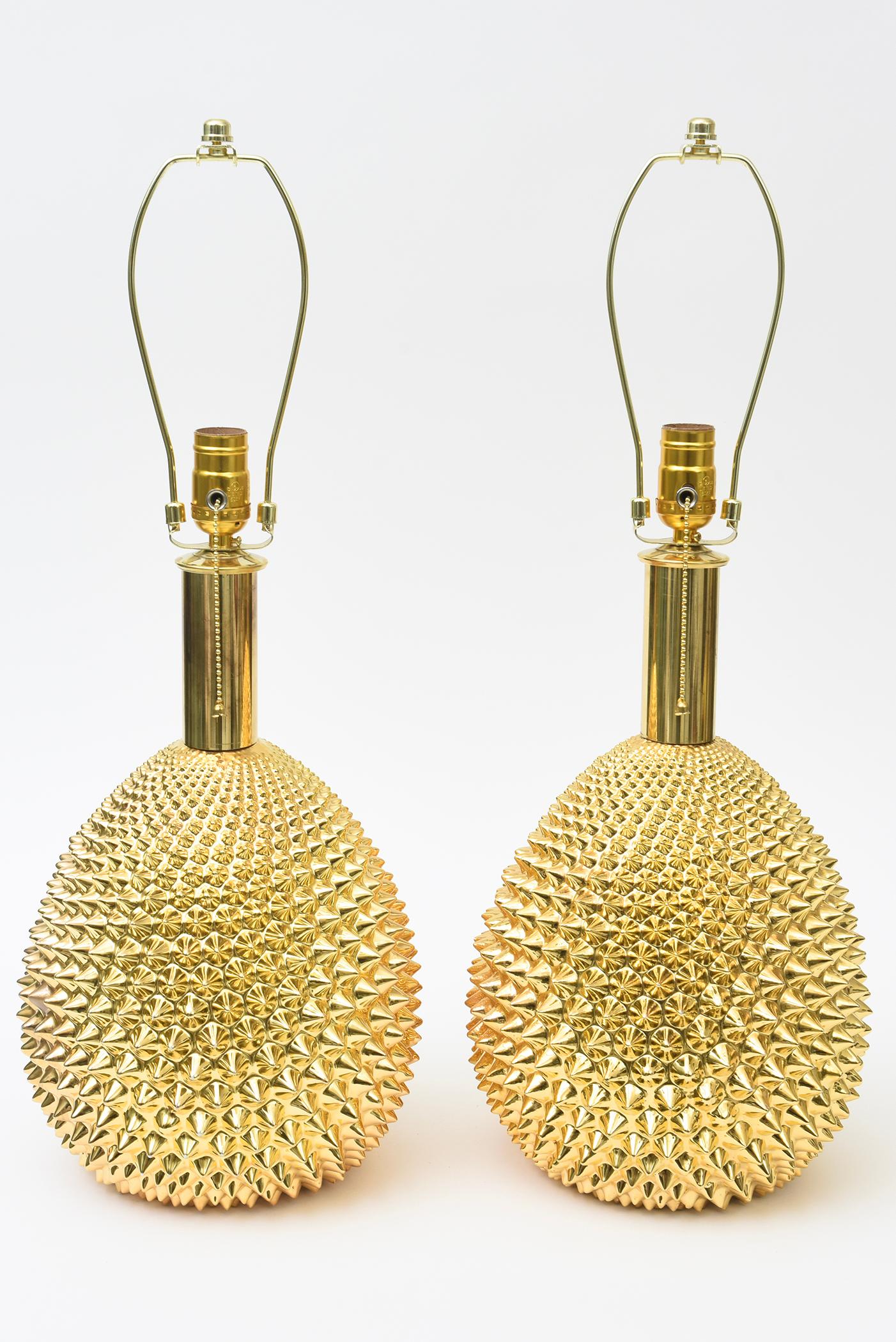 Pareja de Lámparas de Mesa de Cerámica con Púas, Pintadas de Oro y Policromadas, Vintage Italian Lamp en venta 6