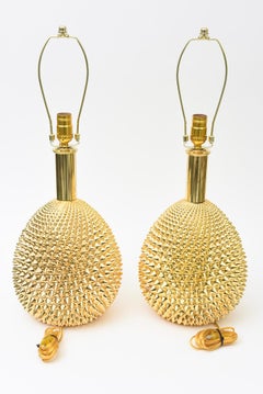 Vintage Italian Gold Painted Polychrome Studded Ceramic Table Lamps Spikey Pair