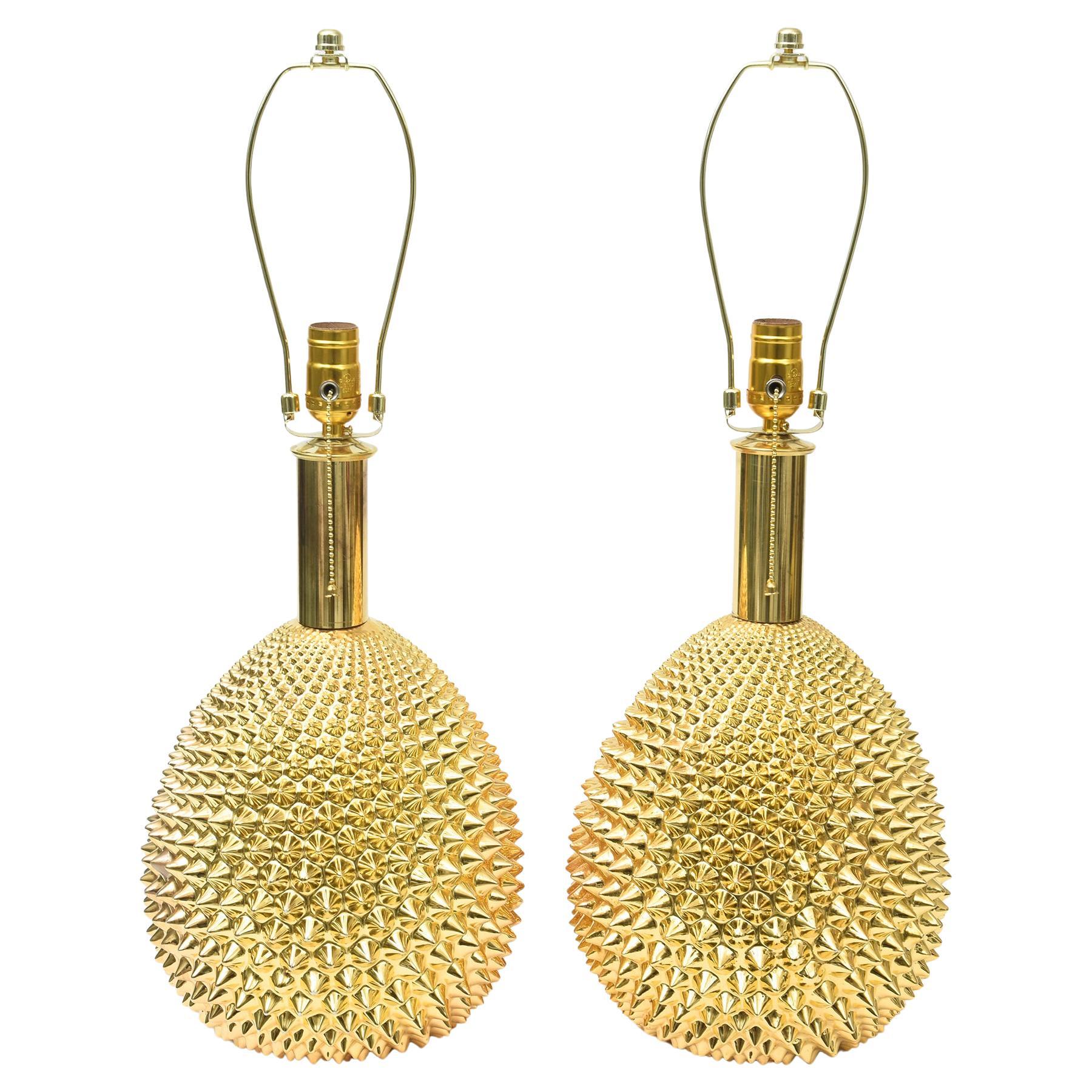 Pareja de Lámparas de Mesa de Cerámica con Púas, Pintadas de Oro y Policromadas, Vintage Italian Lamp en venta
