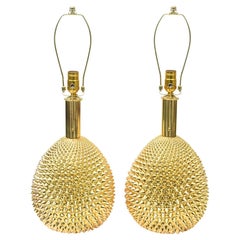 Vintage Italian Gold Painted Polychrome Studded Spiky Ceramic Table Lamps Pair