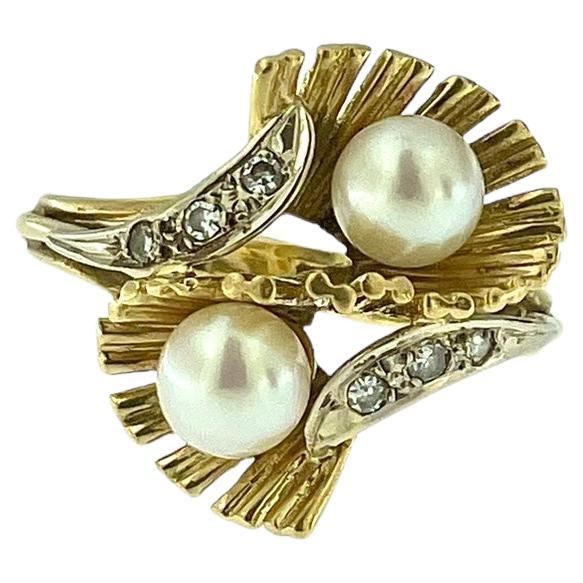 Anillo de oro italiano vintage con perlas y diamantes