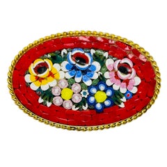 Vintage ITALIAN gold tone colorful micro mosaic designer brooch